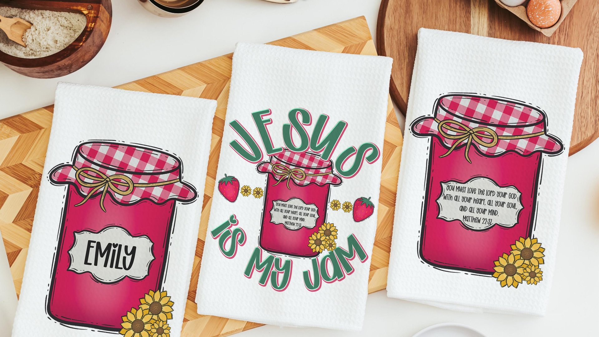 personalized Jesus is my jam hand towels for kitchen Christian gifts for daughter wedding shower, strawberry kitchen decor, Matthew 22:37