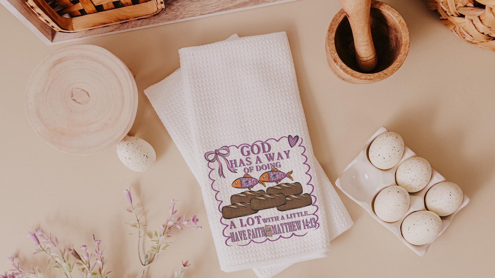 God has a way loaves and fish Christian kitchen towels for Mom, pink bow coquette hand towel for guest bathroom, Bible verse kitchen decor