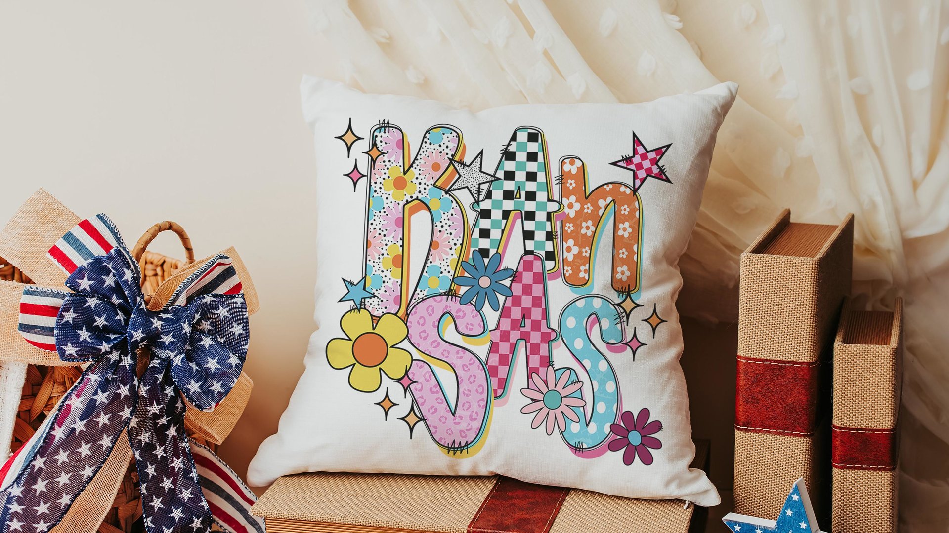 colorful Kansas throw pillows for couch bright Kansas college dorm decor for girls, hippie flower decorative pillows for sofa, Kansas gifts