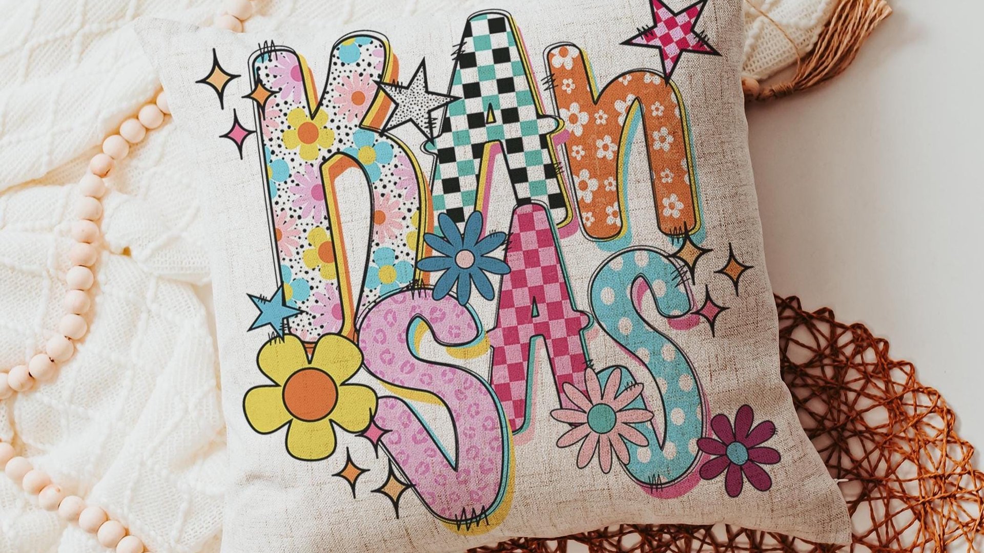 colorful Kansas throw pillows for couch bright Kansas college dorm decor for girls, hippie flower decorative pillows for sofa, Kansas gifts