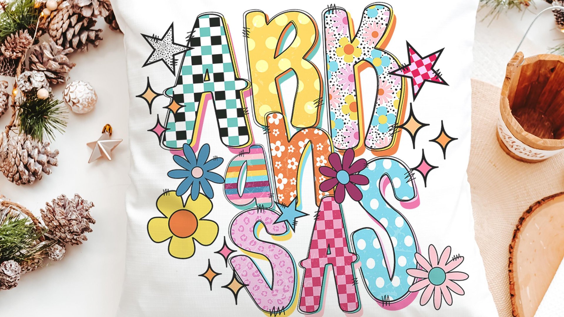 colorful Arkansas throw pillows for couch bright aesthetic home decor, best gifts for her, Arkansas dorm decor for girls, Arkansas gifts for