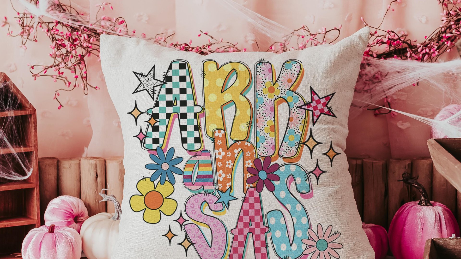 colorful Arkansas throw pillows for couch bright aesthetic home decor, best gifts for her, Arkansas dorm decor for girls, Arkansas gifts for