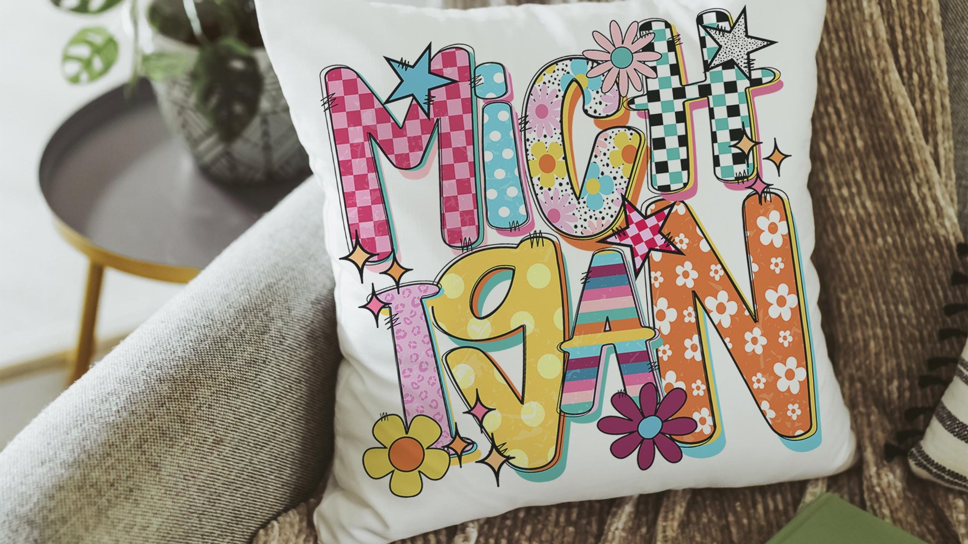 trendy Michigan throw pillows for couch colorful Michigan dorm decor for girls, real estate agent gifts, bright Michigan decor for office