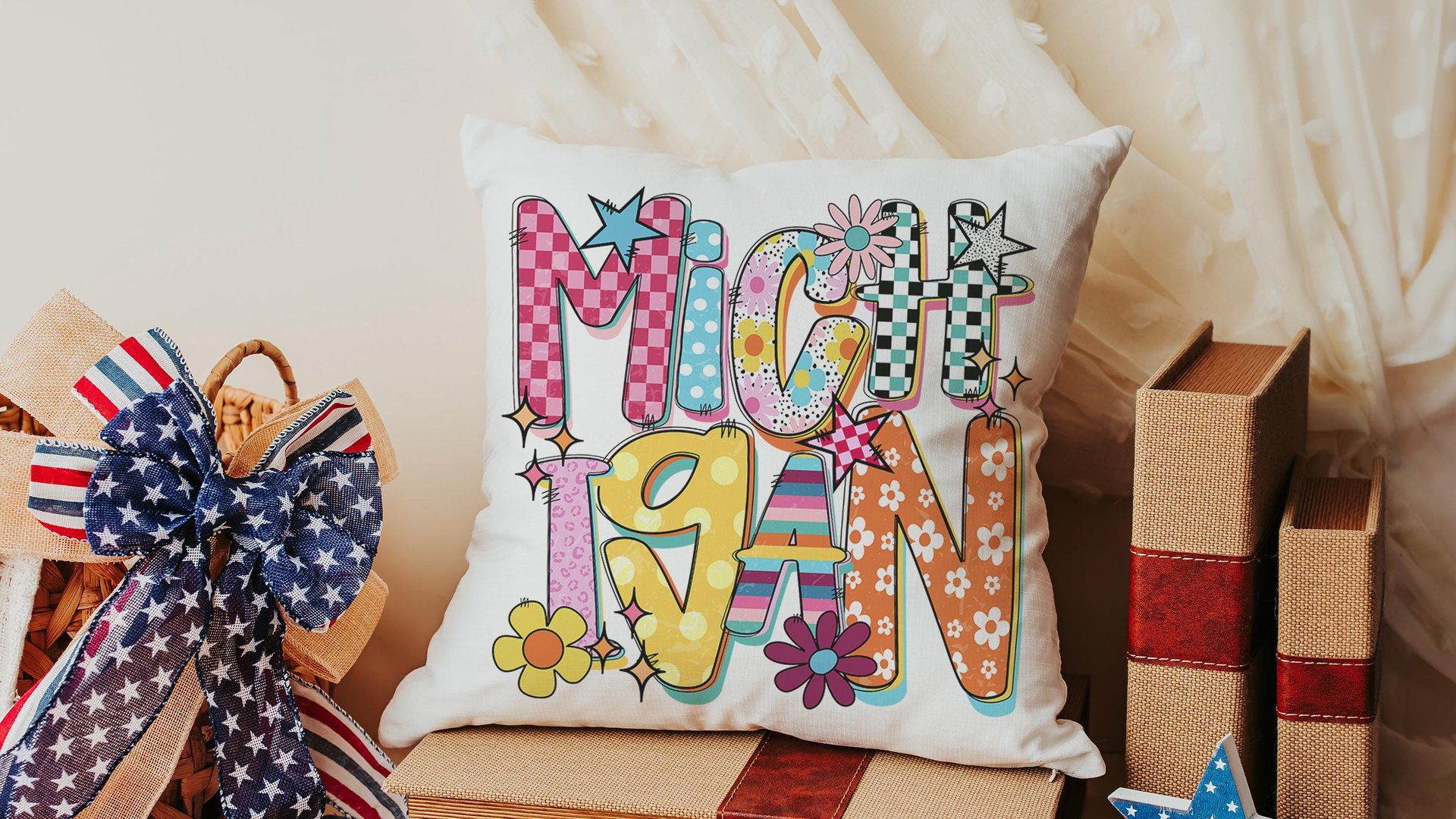 trendy Michigan throw pillows for couch colorful Michigan dorm decor for girls, real estate agent gifts, bright Michigan decor for office