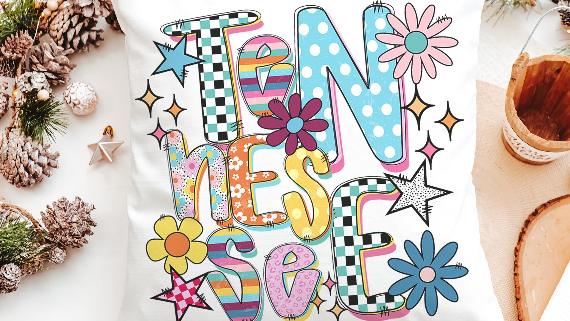 colorful Tennessee pillow for dorm, cute Tennessee gifts for her, real estate office decor, new realtor gifts, decorative pillows for couch