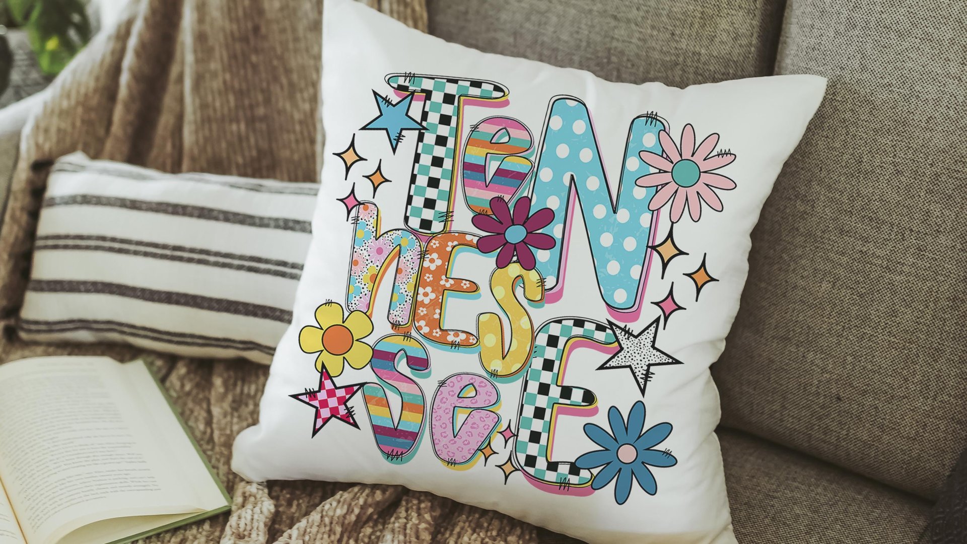 colorful Tennessee pillow for dorm, cute Tennessee gifts for her, real estate office decor, new realtor gifts, decorative pillows for couch