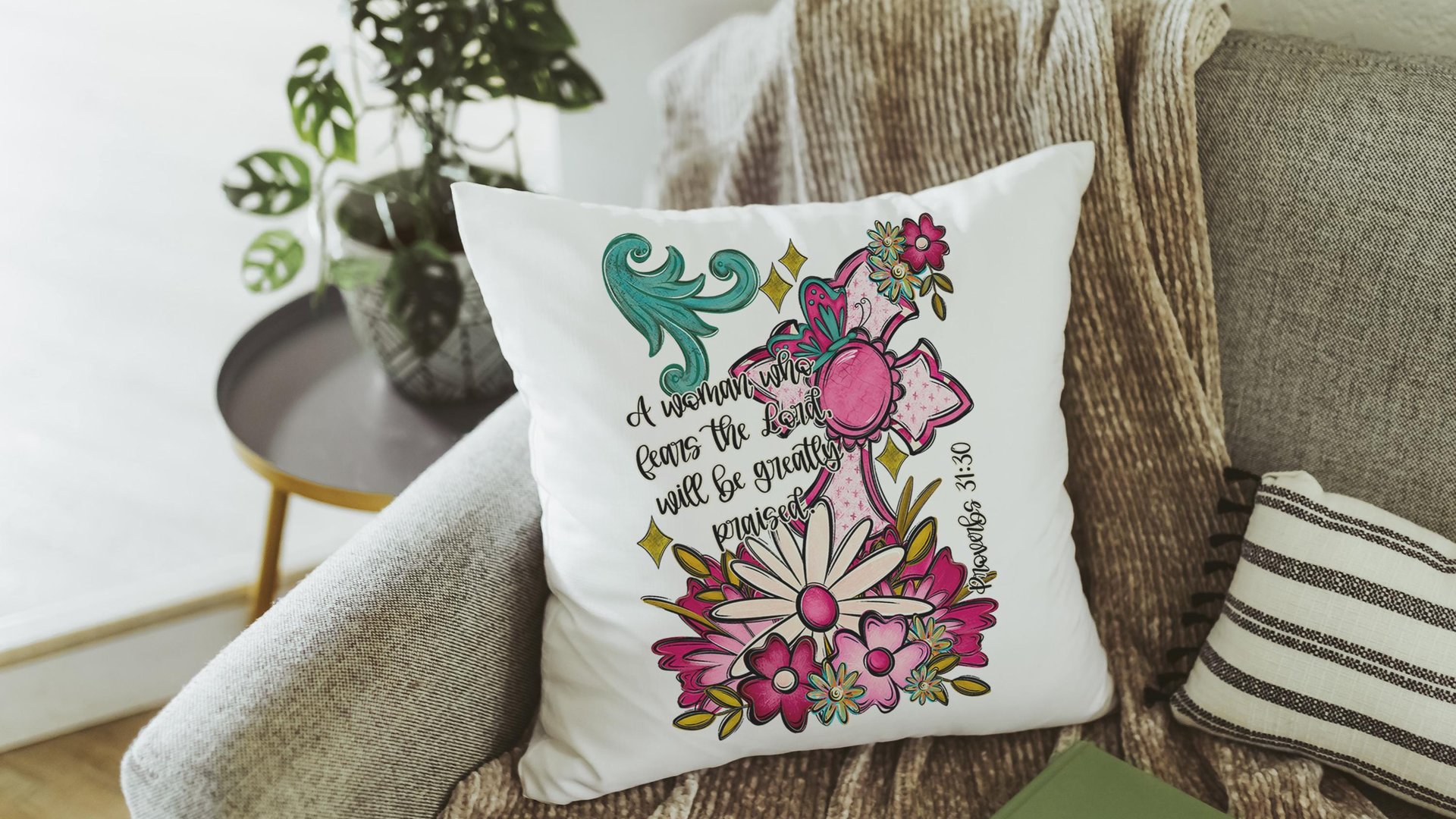 proverbs 31:30 throw pillows for couch floral decorative pillows with scripture, home decor gift for her, Christian gifts for best friends