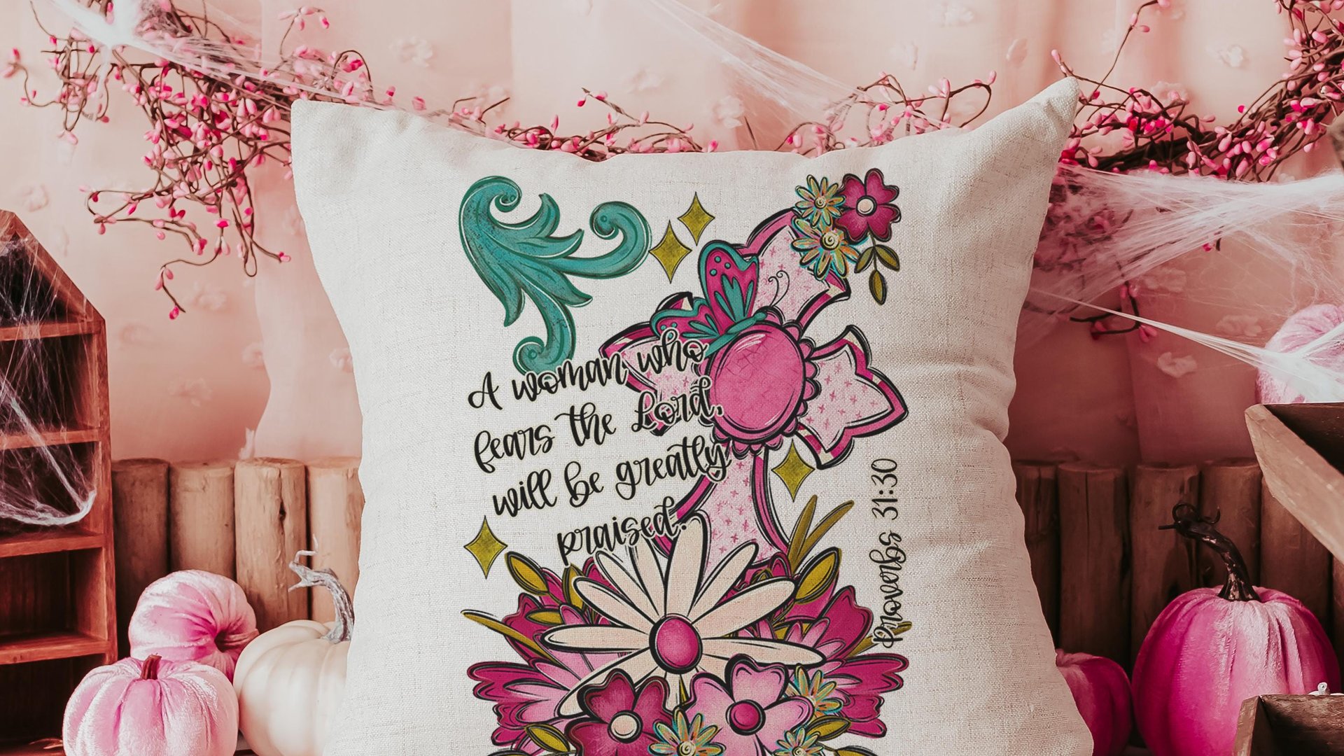 proverbs 31:30 throw pillows for couch floral decorative pillows with scripture, home decor gift for her, Christian gifts for best friends