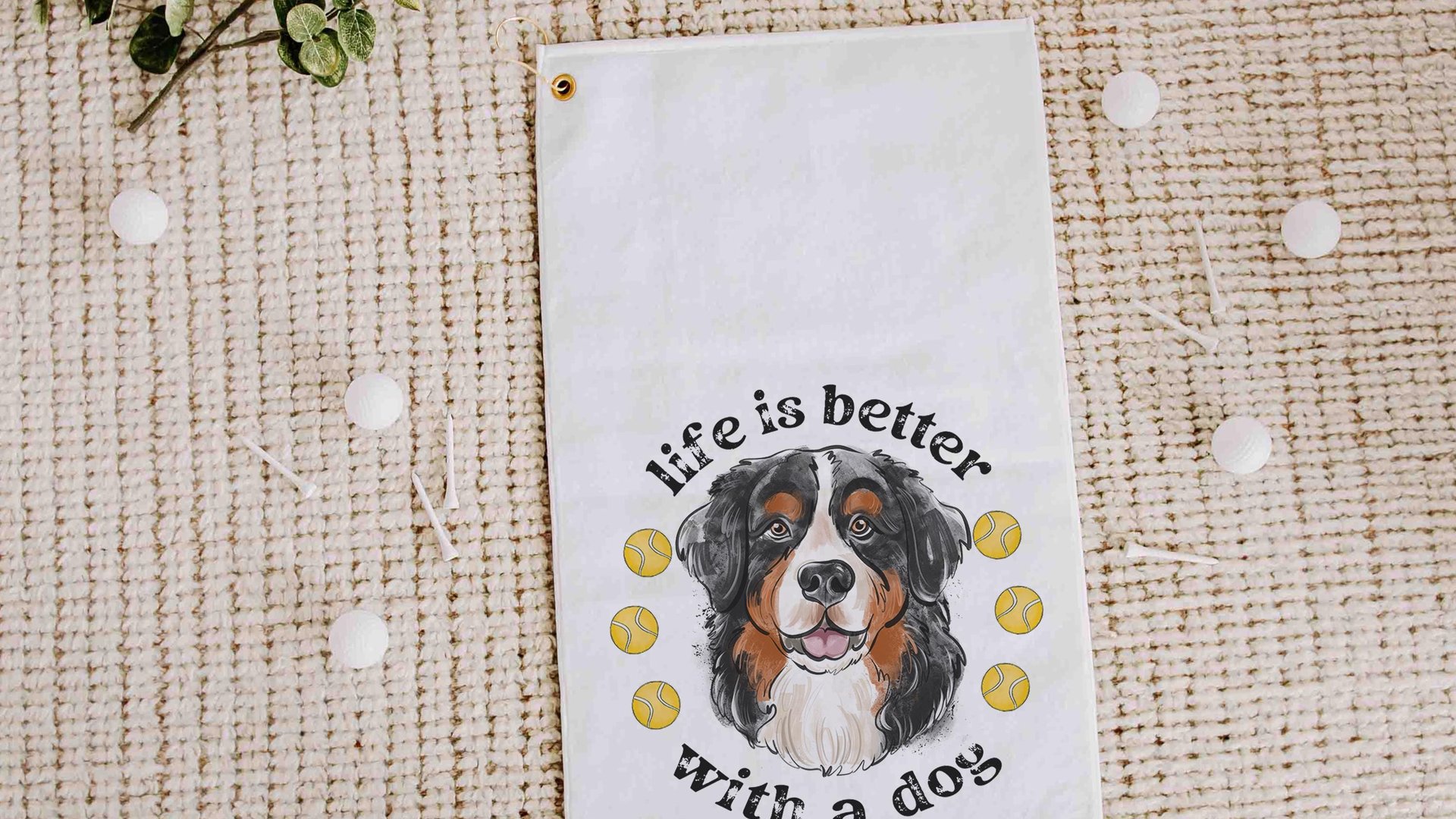 life is better with dogs golf towel Christmas gifts for golfers, golf stocking stuffers, Bernese mountain dog gift for him, golf bag towel
