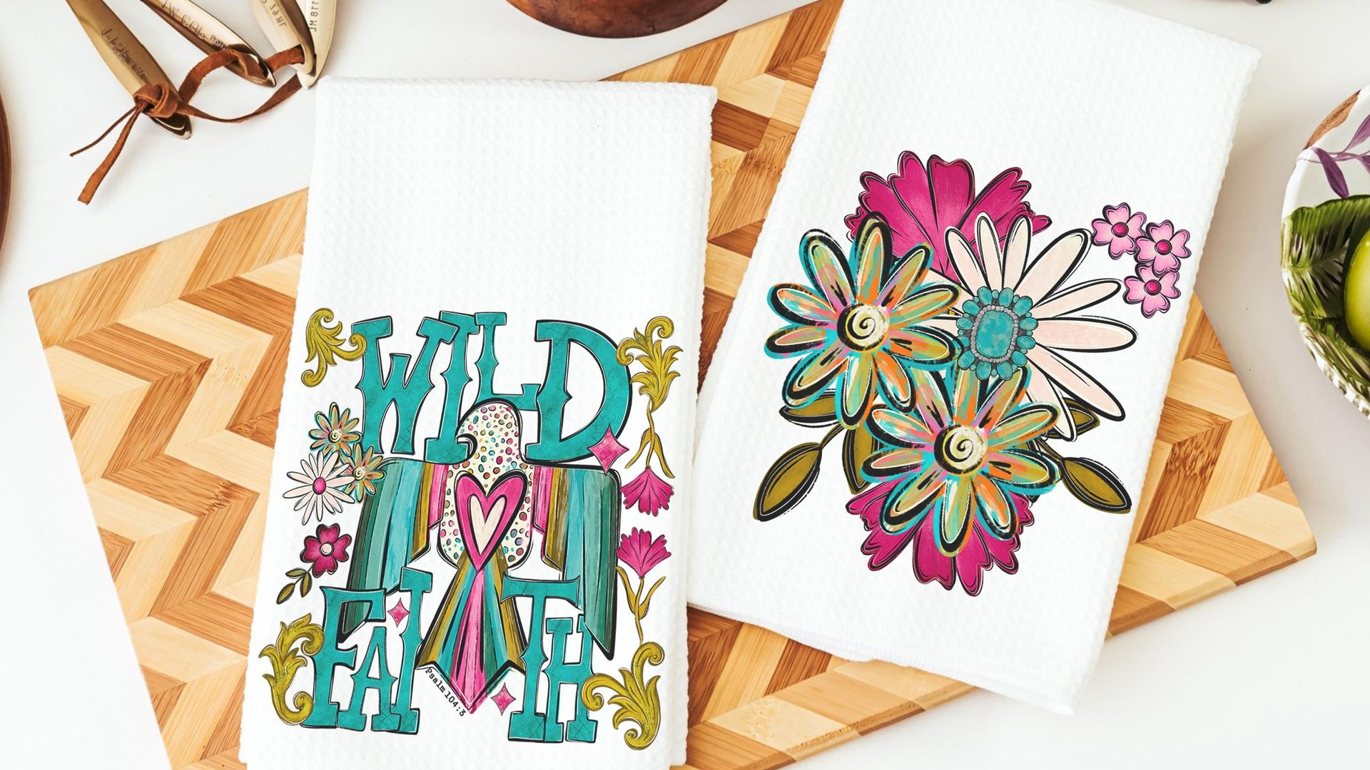 wild faith kitchen towels for gifts, boho floral hand towel for bathroom, southwestern kitchen decor, turquoise thunderbird gifts for women