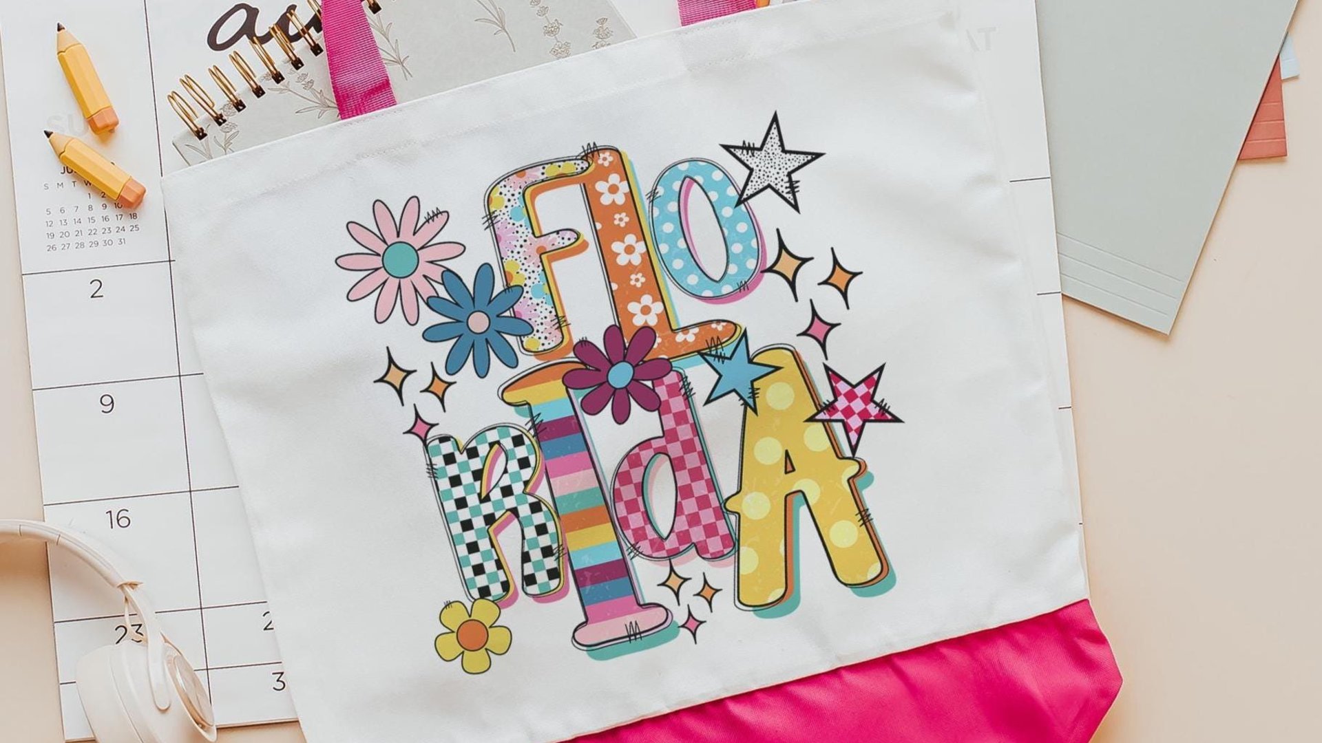 rainbow stripe Florida tote bag for summer, trendy checkered beach bag for women, realtor tote bag real estate agent gift, Florida gifts for