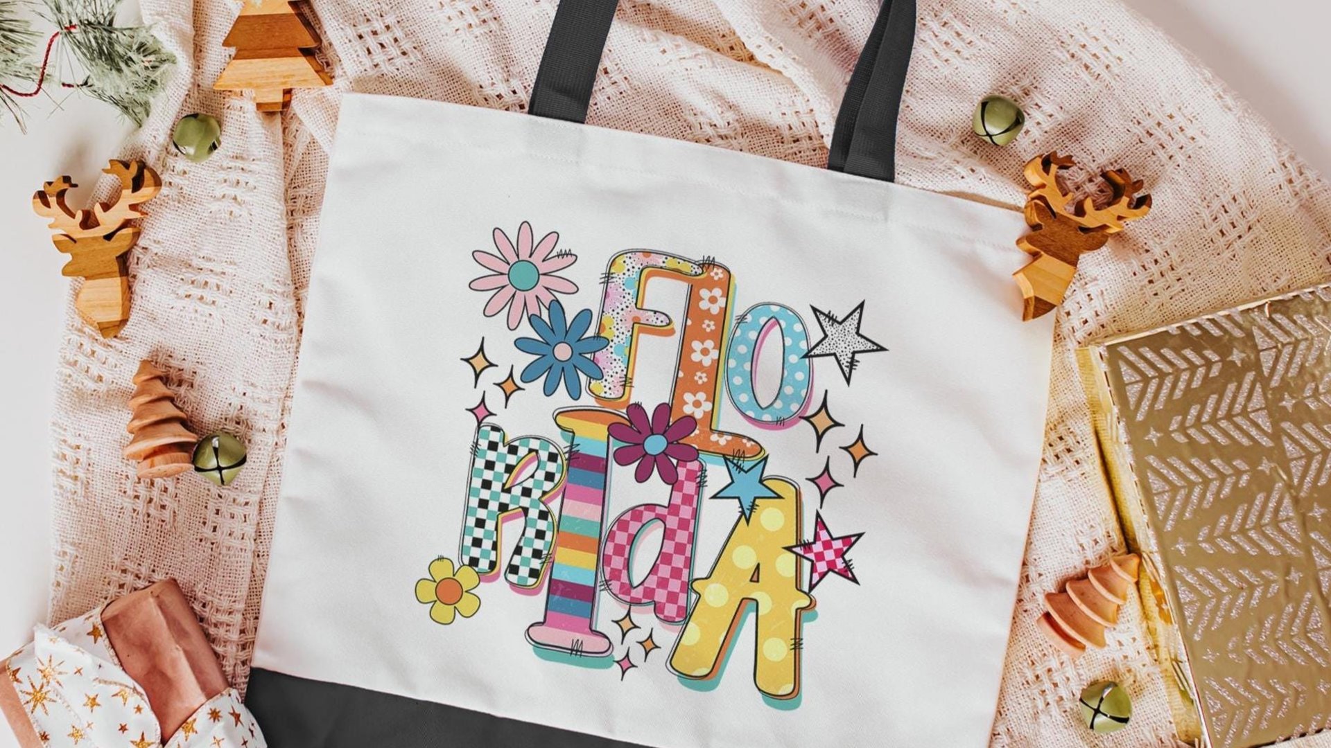 rainbow stripe Florida tote bag for summer, trendy checkered beach bag for women, realtor tote bag real estate agent gift, Florida gifts for