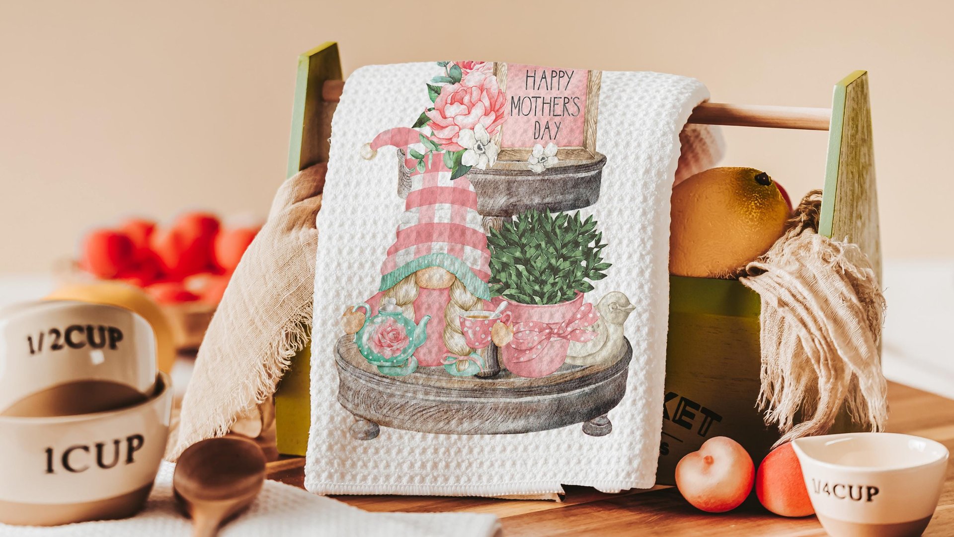 mint green pink gnome kitchen towels for Mom, blush pink floral hand towels for gifting, Mothers day gift for friend, Mothering Sunday gifts