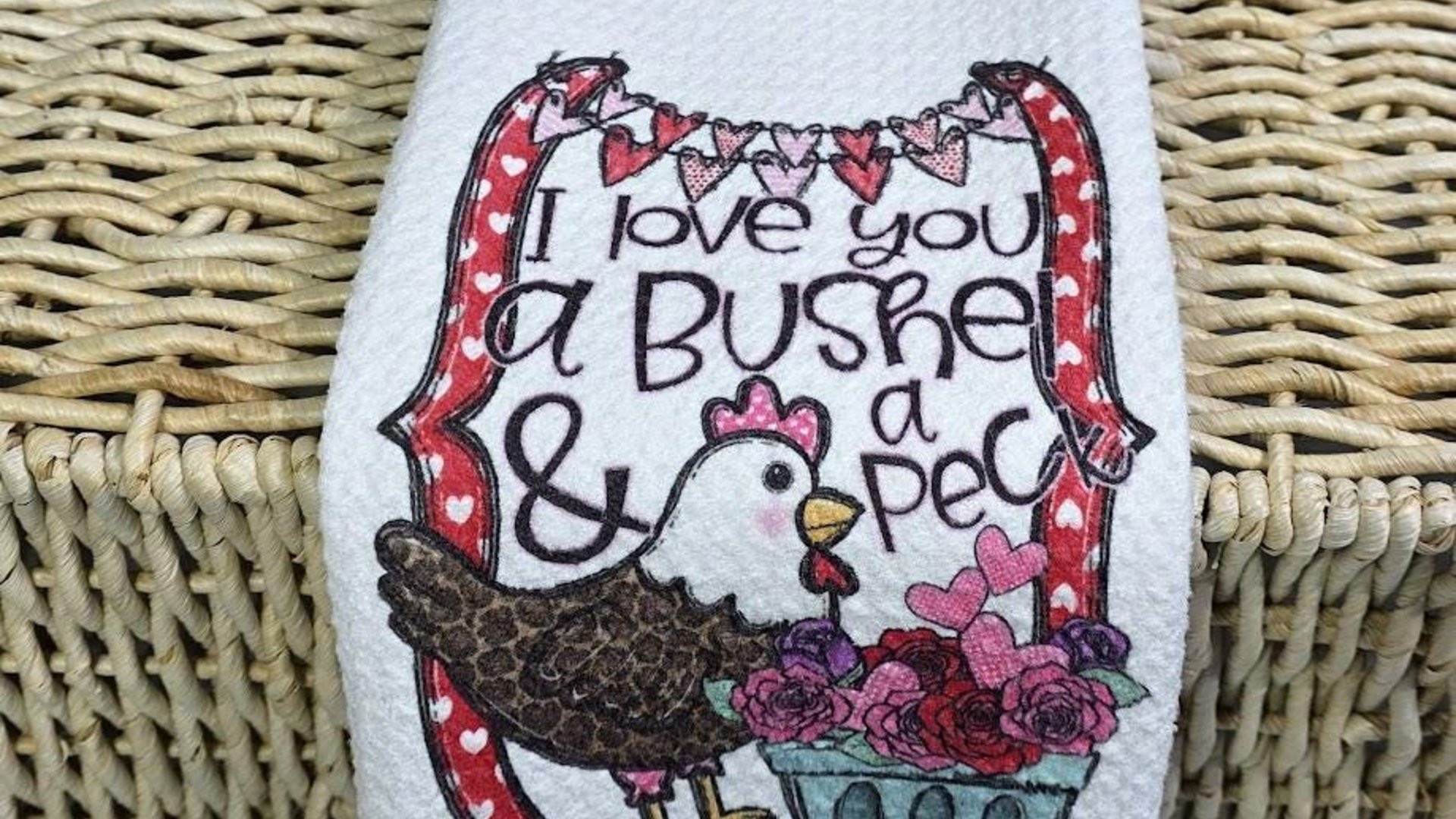 I love you a bushel and a peck Valentines day kitchen towels, cute Valentines gift for her from mom, Valentines Day chicken hand towels for