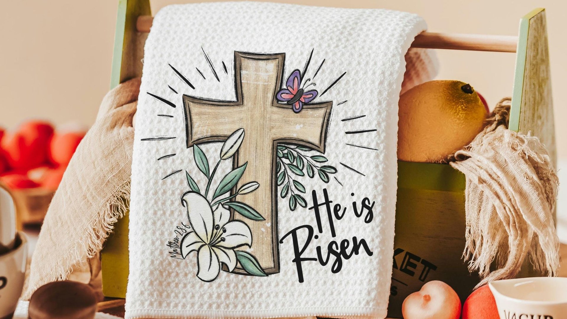 he is risen Easter cross Easter kitchen towels for Mom, Matthew 28:6 Christian Easter decor gift, religious hand towels for church, faith