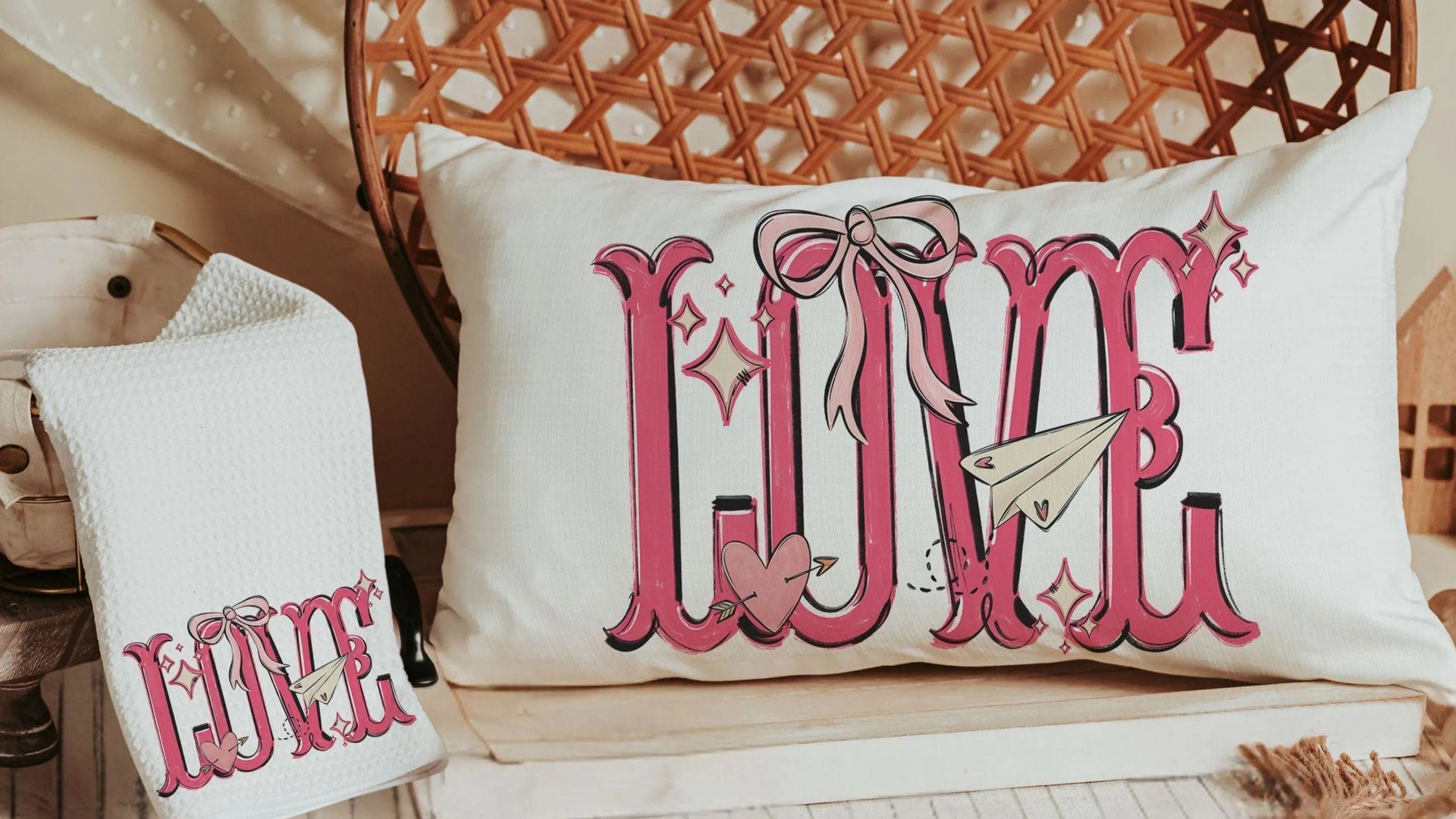 love coquette lumbar throw pillows for couples, preppy Valentines kitchen towels for bridal shower, Valentines day best selling gifts Etsy