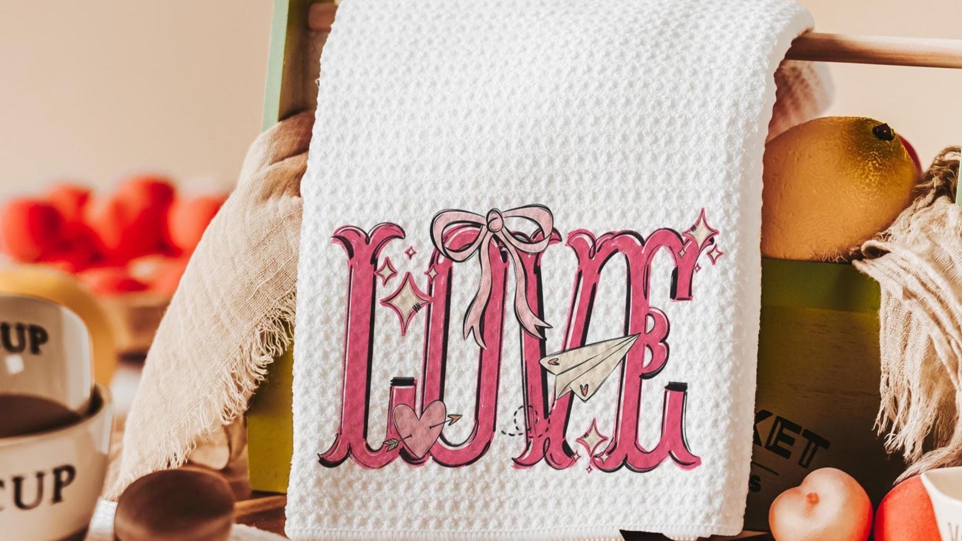 love coquette kitchen towel for Valentines day gifts for girlfriend, preppy Valentines kitchen decor, Galentines day gifts for friends, best