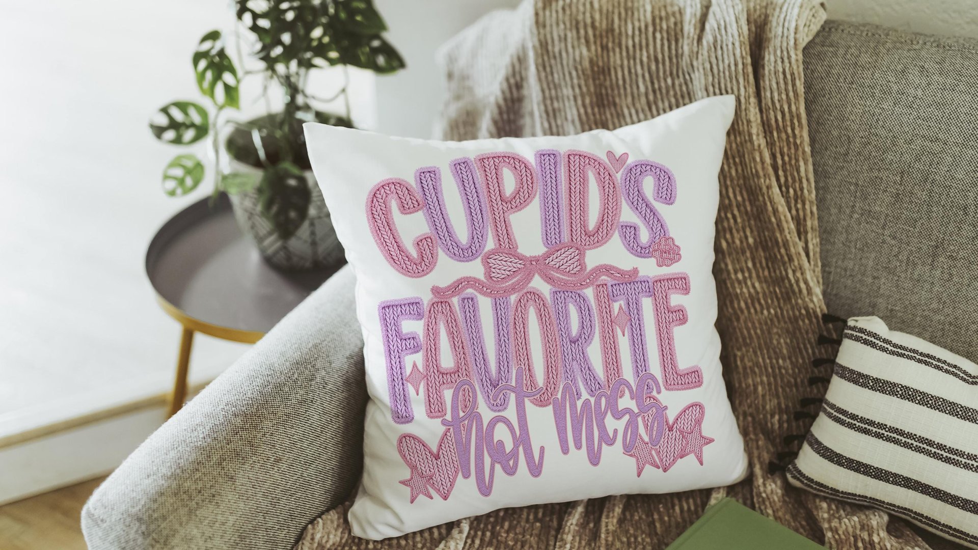cupids favorite hot mess funny throw pillows for couch, bestie gifts for women, sarcastic Valentines day best selling gifts Etsy shops, faux
