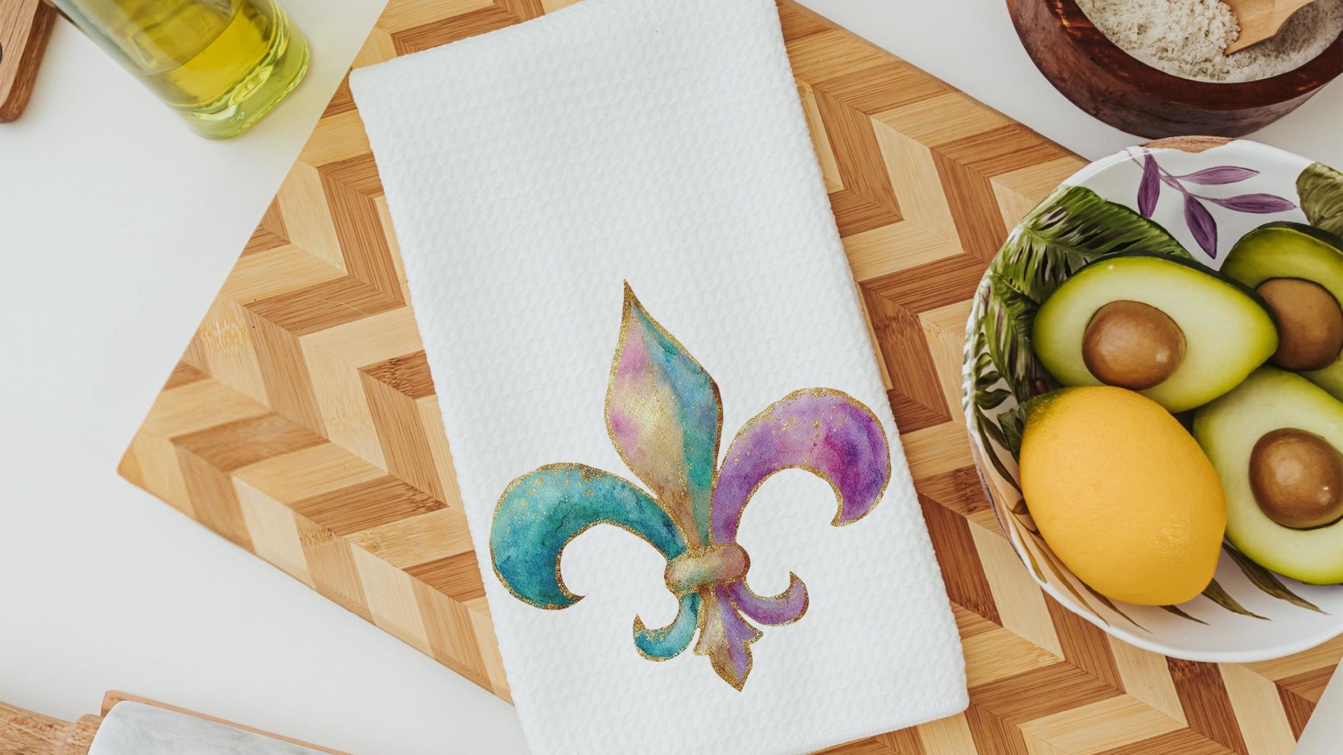 Mardi Gras carnival mask kitchen towels for gifts, watercolor fleur de lis hand towels for every season, Fat Tuesday decor, unique gifts for
