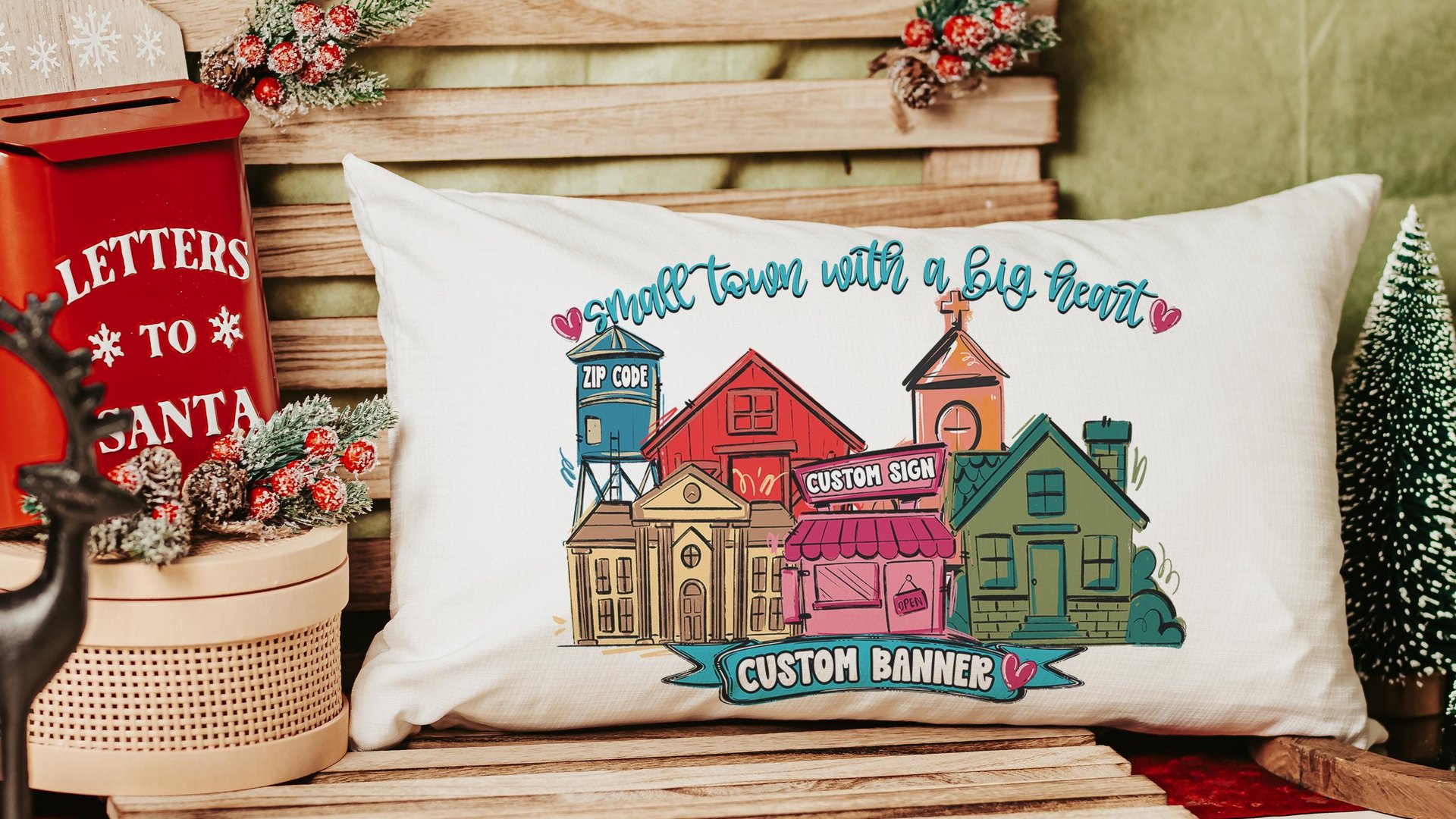 custom main street Valentine throw pillows 12 x 20, personalized small town big heart tea towel for couples, zip code home gift for in laws