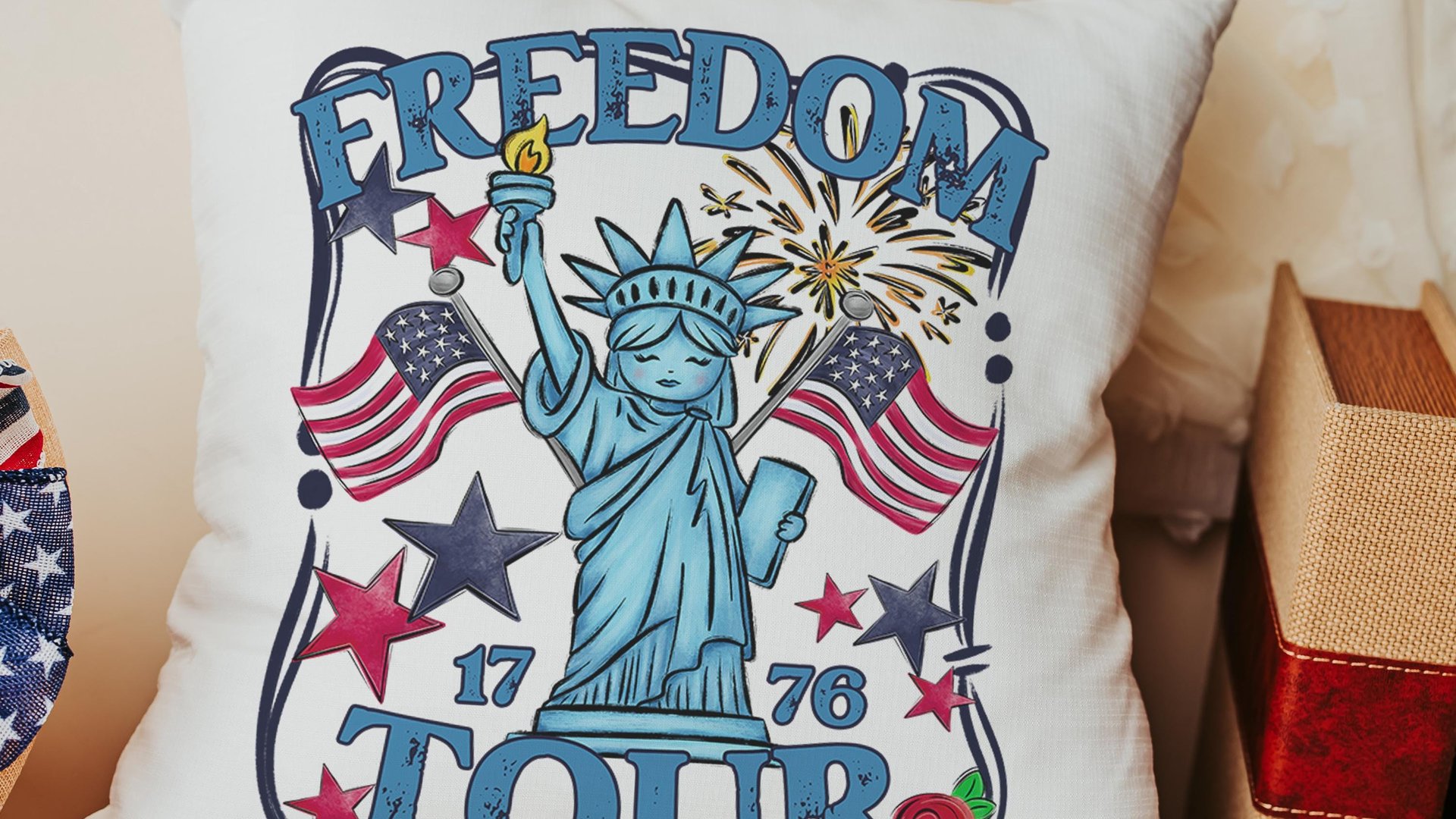 Freedom tour throw pillows for porch, Americana decor with red floral 4th of July home decor, patriotic gifts for women, military gifts