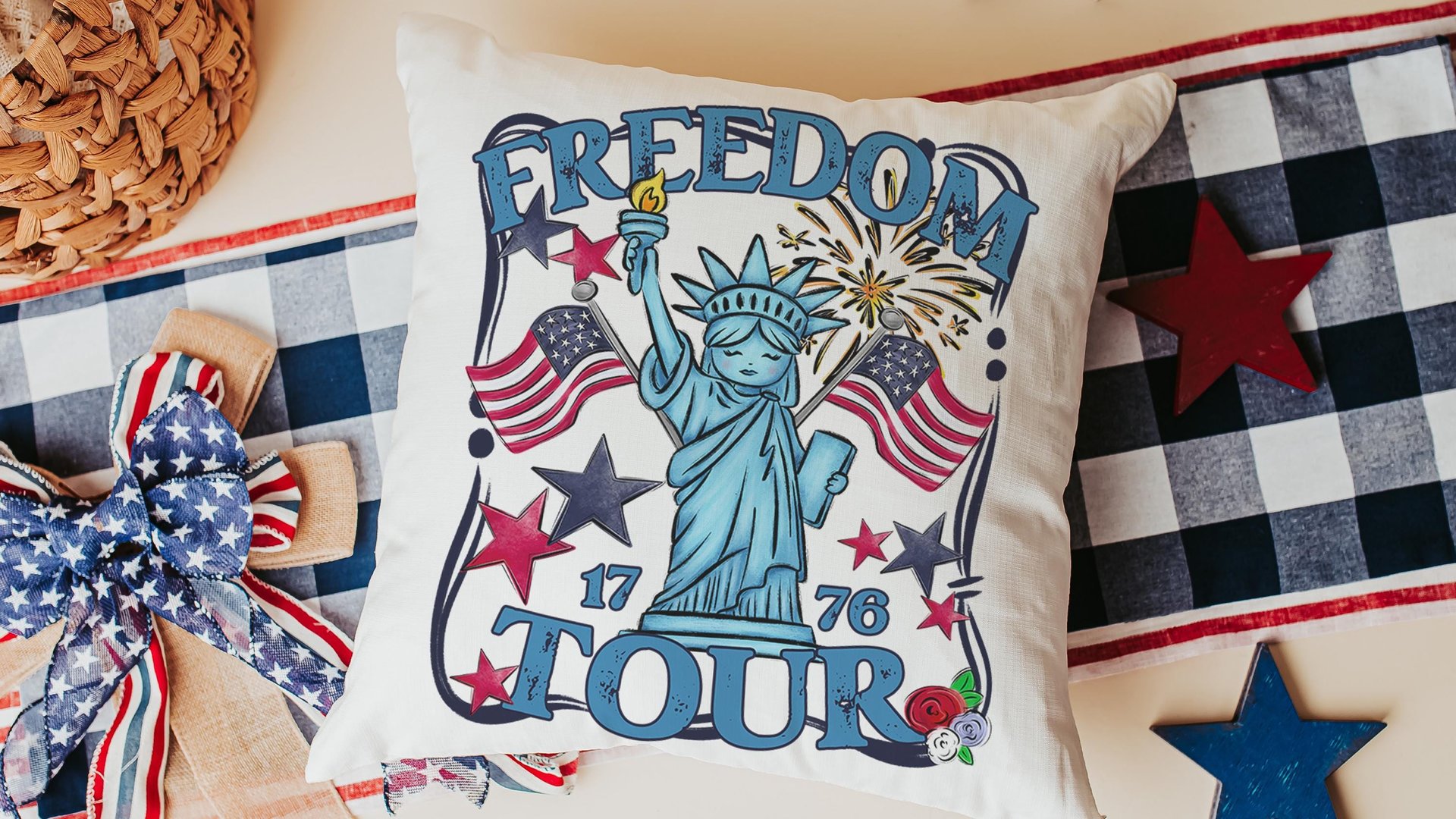 Freedom tour throw pillows for porch, Americana decor with red floral 4th of July home decor, patriotic gifts for women, military gifts