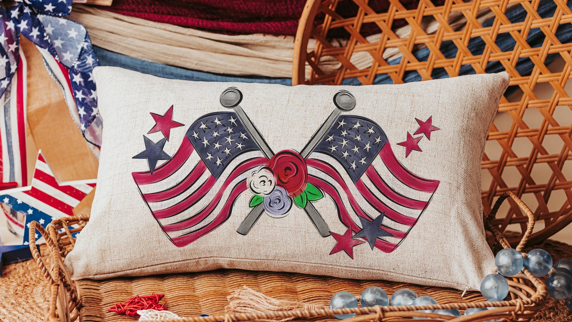 American flag lumbar throw pillows for porch, Americana decor with red floral 4th of July home decor, patriotic gifts for women, military