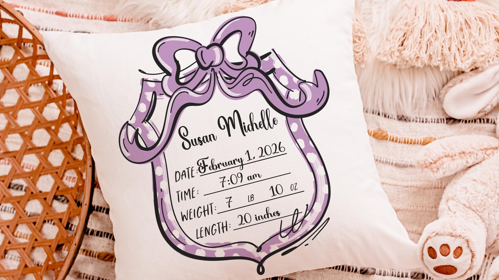 custom birth stats decorative pillows for nursery, personalized baby keepsake gift, lavender nursery decor, sentimental Mothers day gifts
