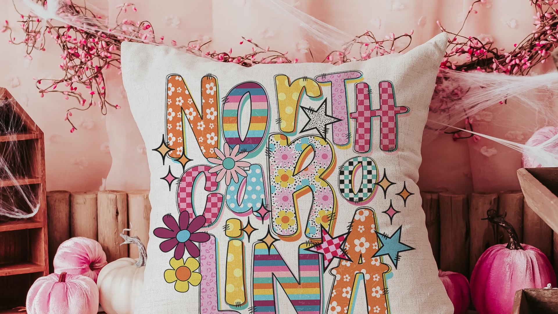 pink checkered North Carolina throw pillow for couch, NC gifts, real estate office decor, new realtor gifts, colorful floral decorative