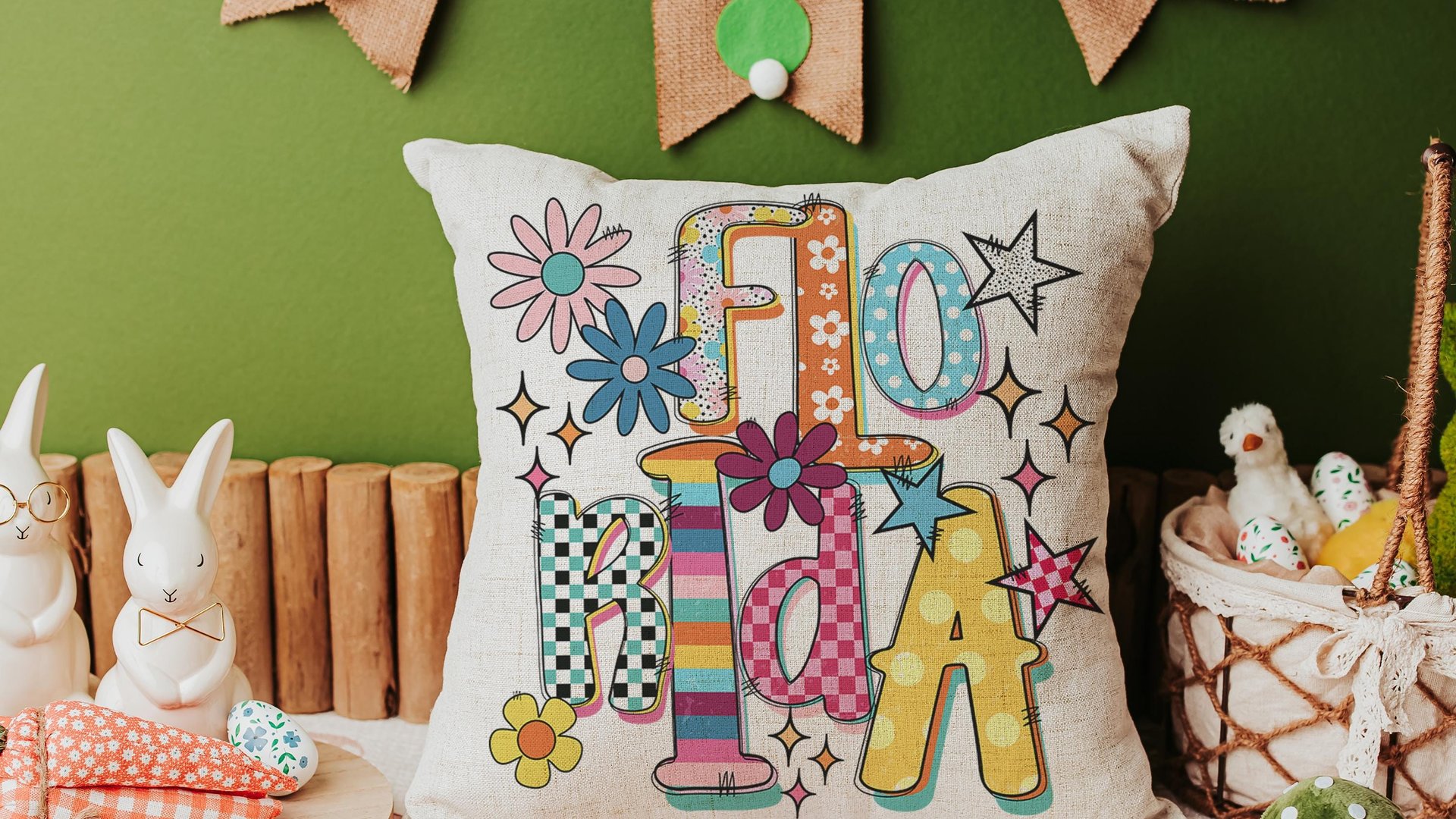 bright checkered Florida throw pillow for sunroom, Florida gifts for her, lanai decor, boho decorative pillows for sofa, 2026 decor trends