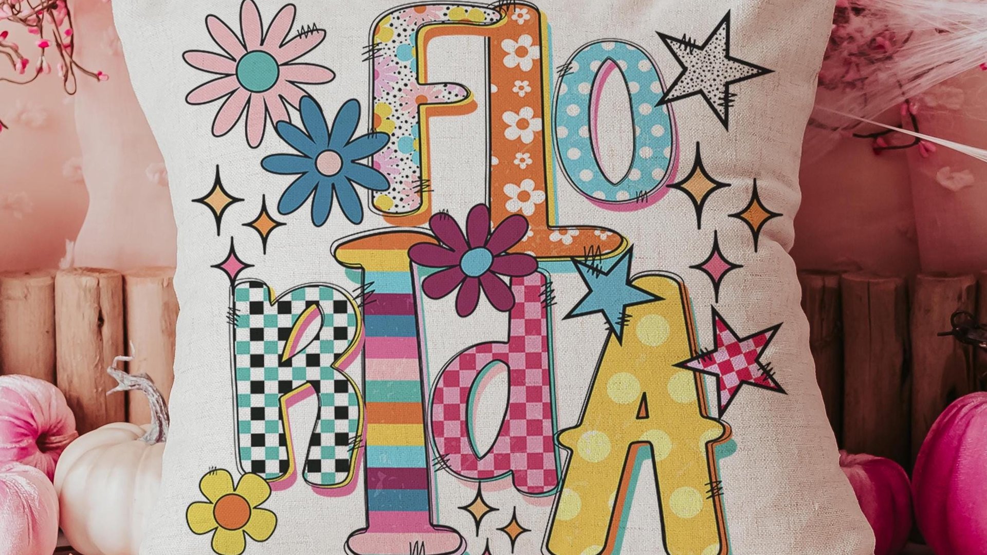 bright checkered Florida throw pillow for sunroom, Florida gifts for her, lanai decor, boho decorative pillows for sofa, 2026 decor trends