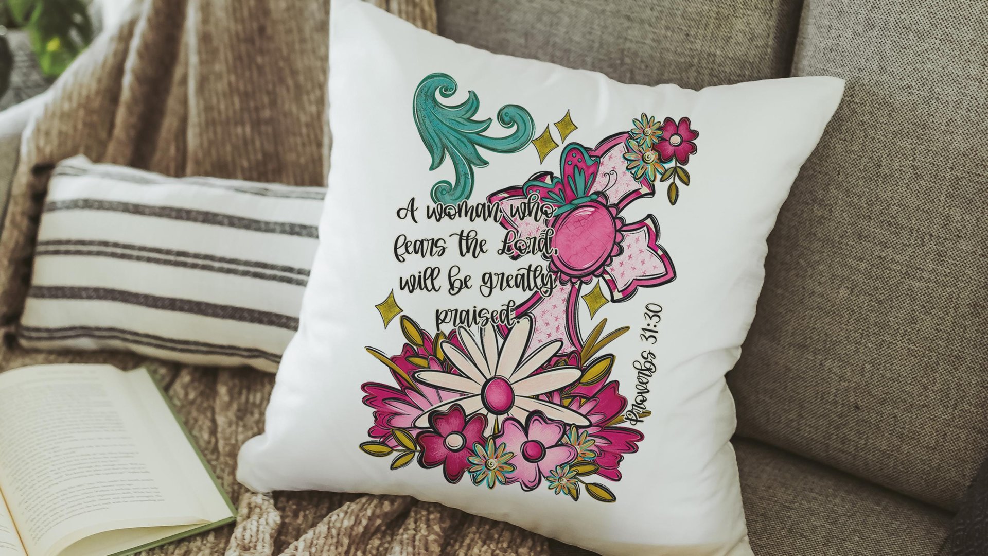 proverbs 31:30 throw pillows for couch floral decorative pillows with scripture, home decor gift for her, Christian gifts for best friends