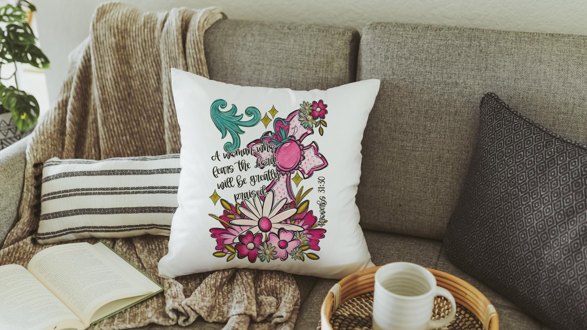 proverbs 31:30 throw pillows for couch floral decorative pillows with scripture, home decor gift for her, Christian gifts for best friends