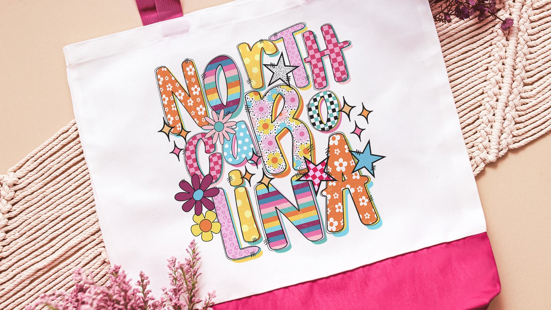 rainbow stripe North Carolina tote bag for her, North Carolina gifts for women, realtor tote bag real estate agent gift, NC gifts, floral