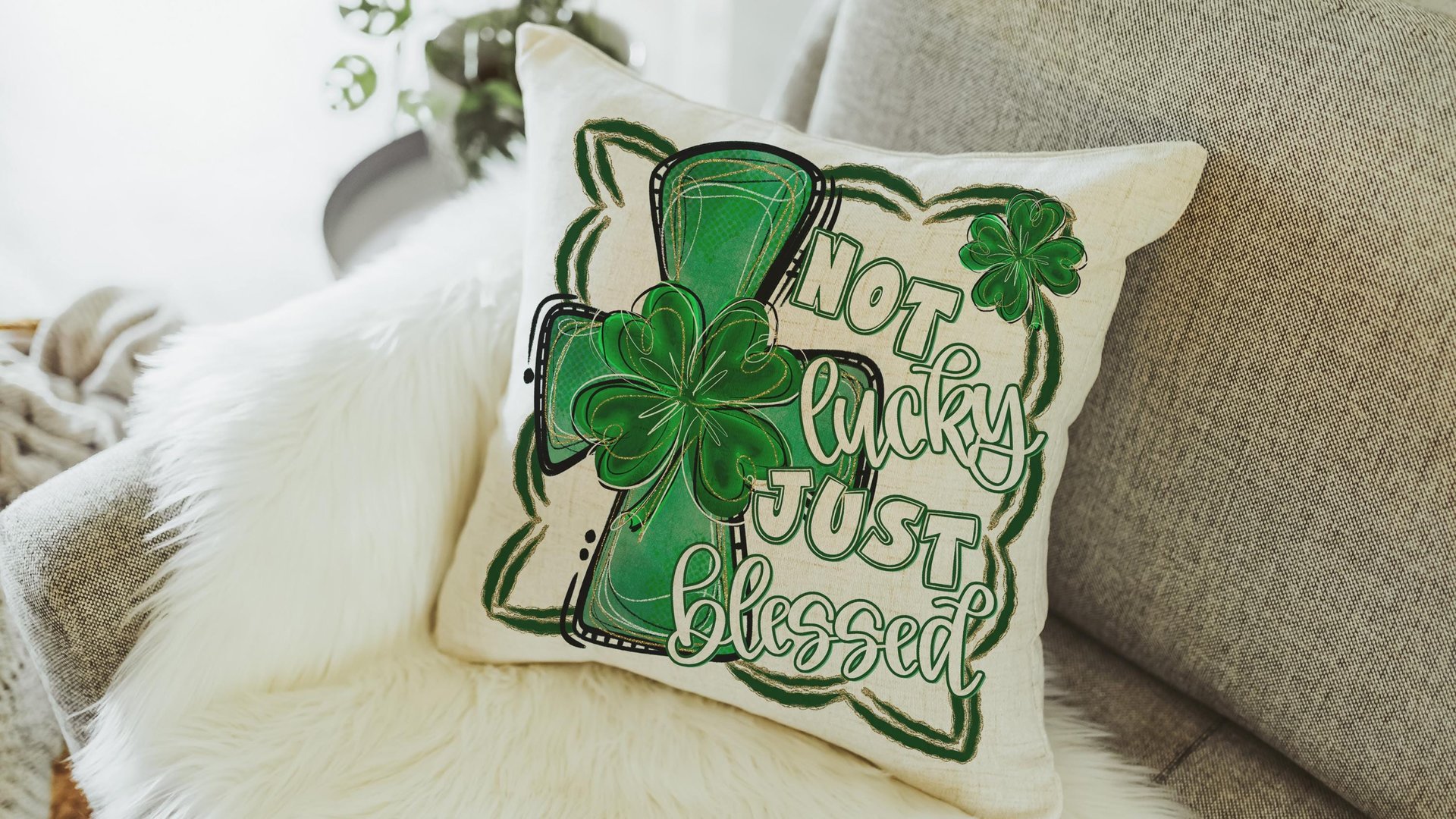 not lucky simply blessed shamrock cross throw pillows for couch, Christian St Patricks Day decorations, Irish gifts for her, St Pattys Day