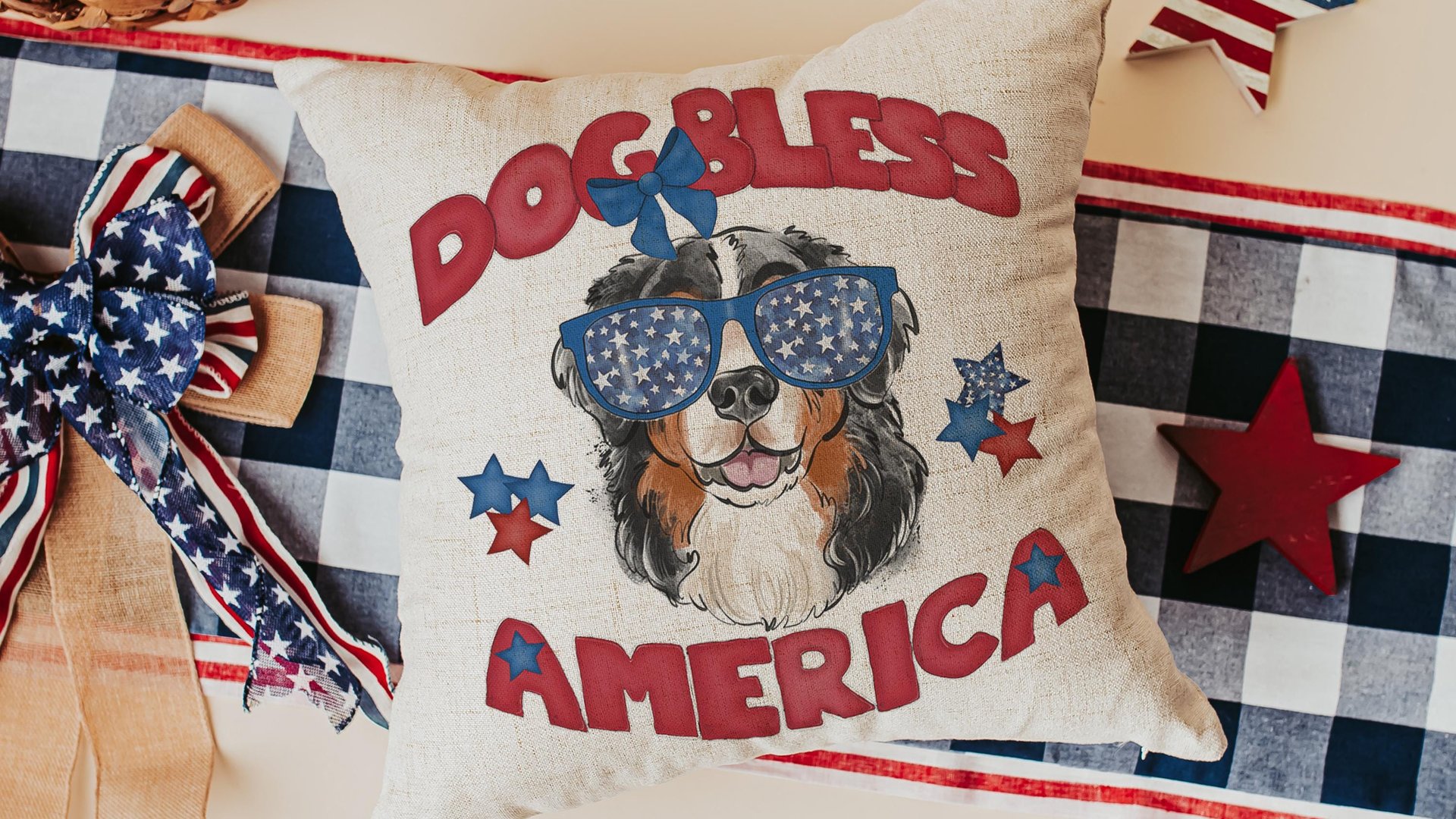 dog bless America 4th of July throw pillows for guest room, red white and blue patriotic dog gift for owner, Bernese mountain dog decor for
