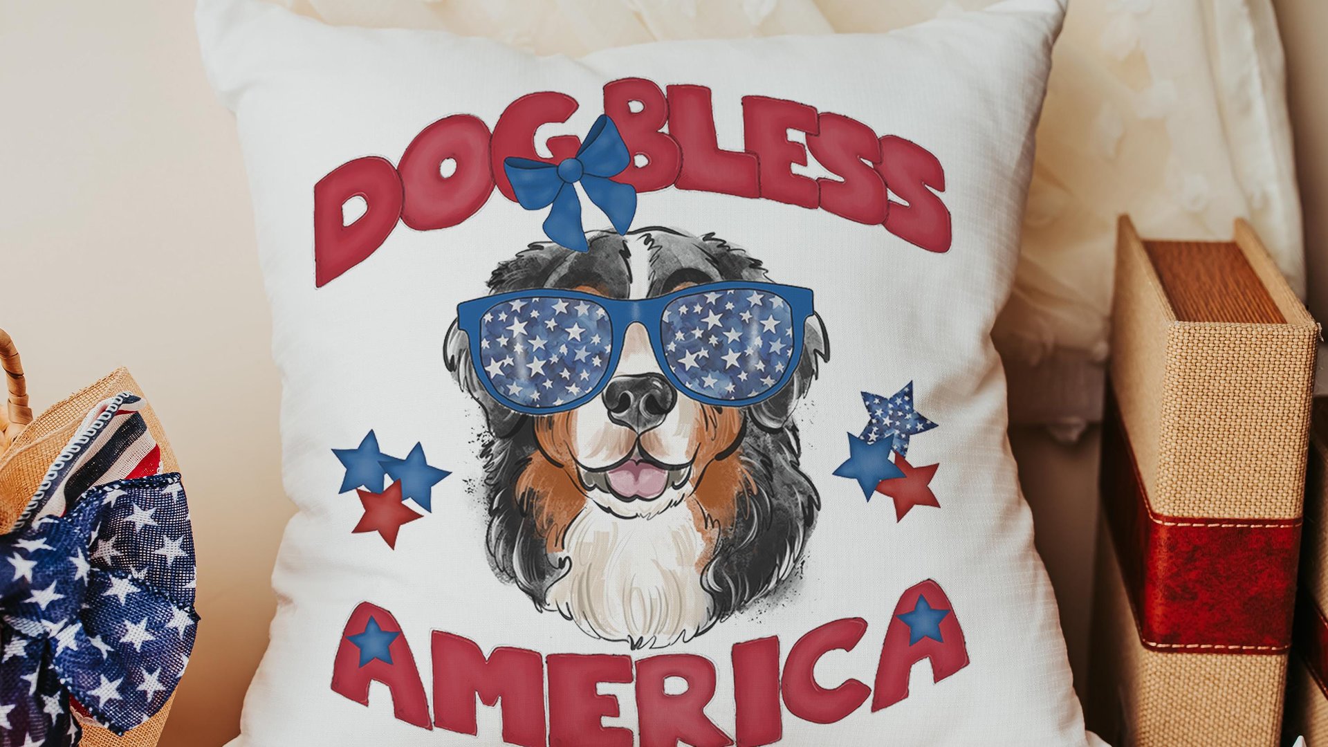 dog bless America 4th of July kitchen towel for bbq, red white and blue patriotic dog hand towel for gifting, Bernese mountain dog gift