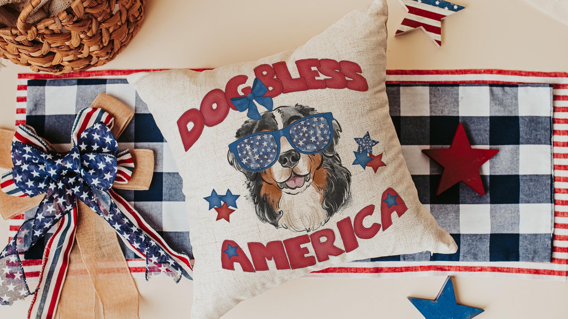 dog bless America 4th of July kitchen towel for bbq, red white and blue patriotic dog hand towel for gifting, Bernese mountain dog gift