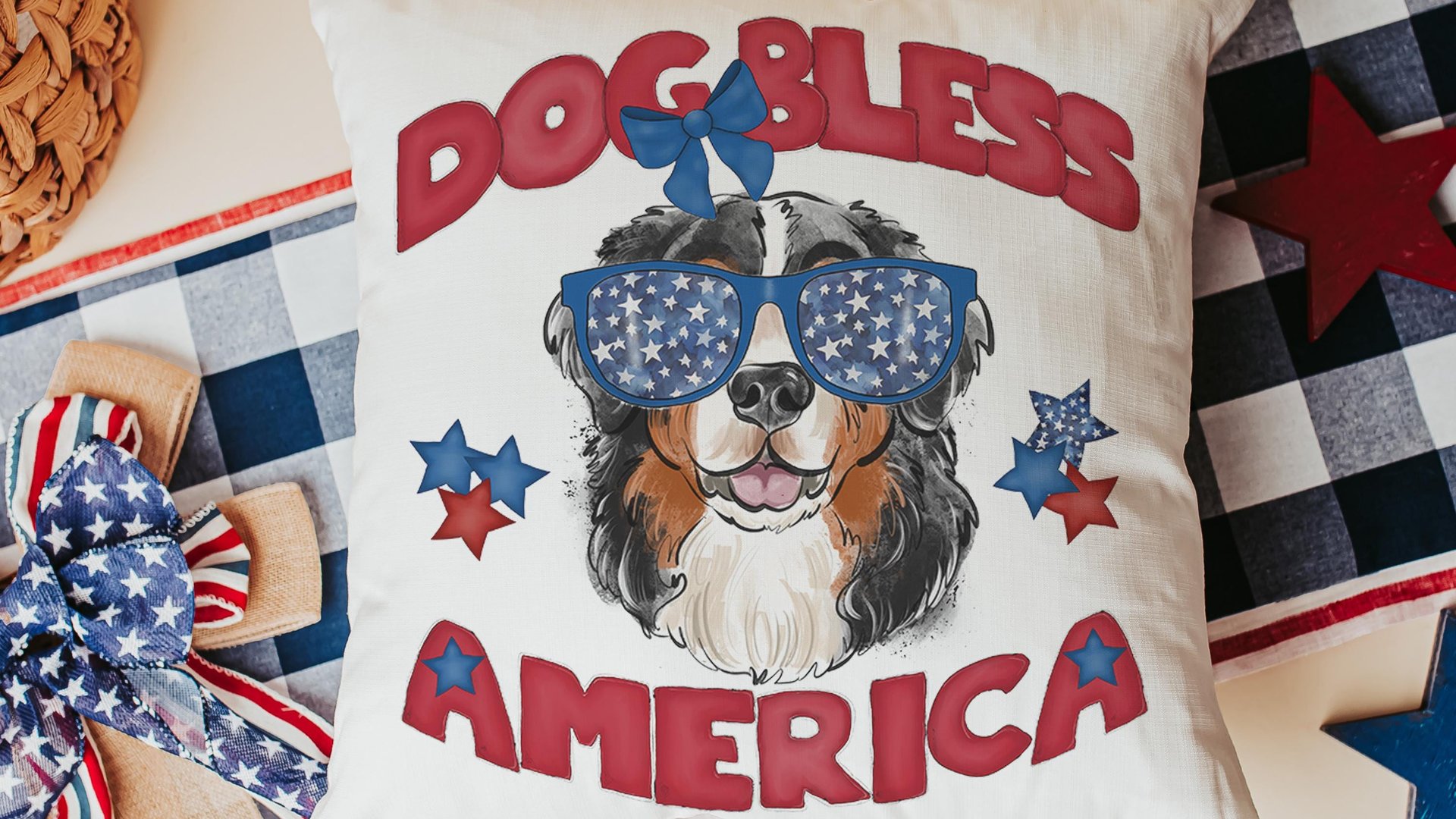 dog bless America 4th of July kitchen towel for bbq, red white and blue patriotic dog hand towel for gifting, Bernese mountain dog gift