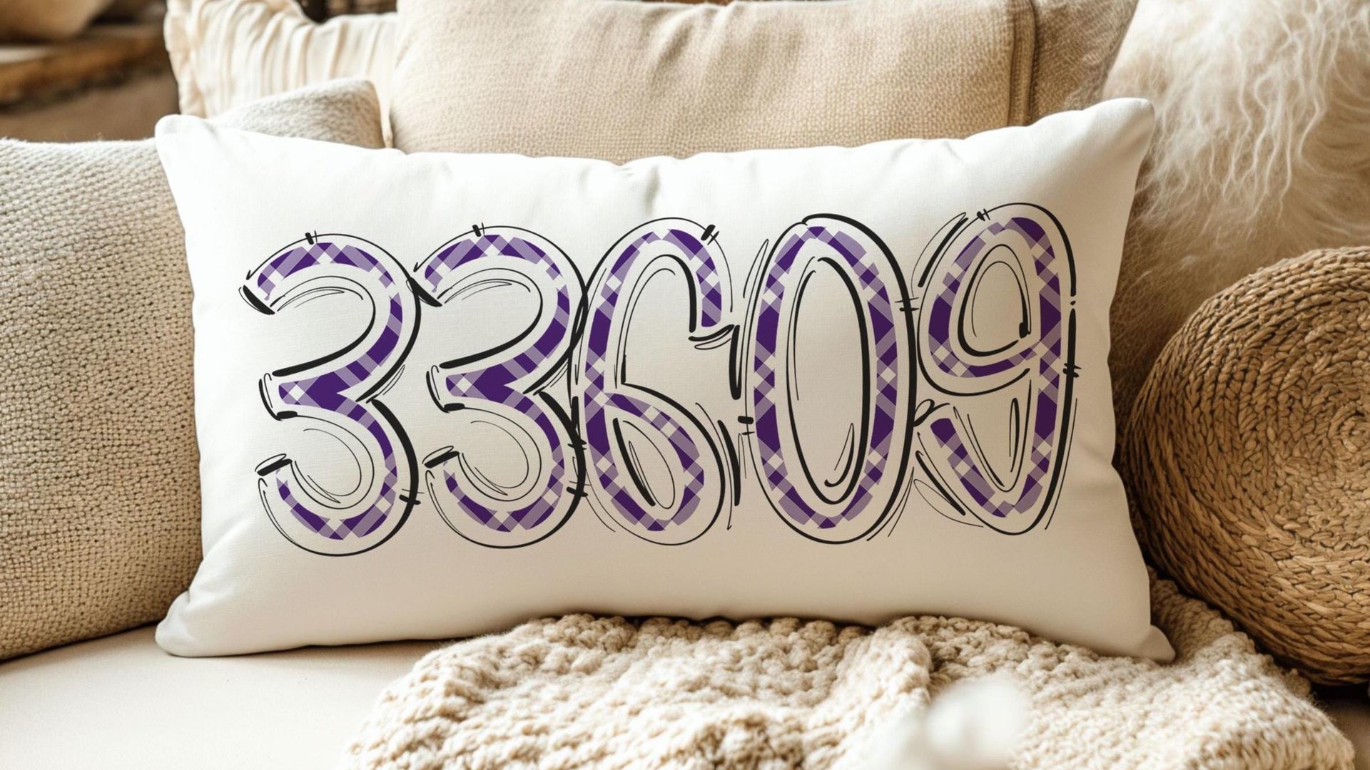 custom zip code pillow lumbar throw pillow for bed, new home gifts for girls, purple plaid pillow for window seat, real estate office decor