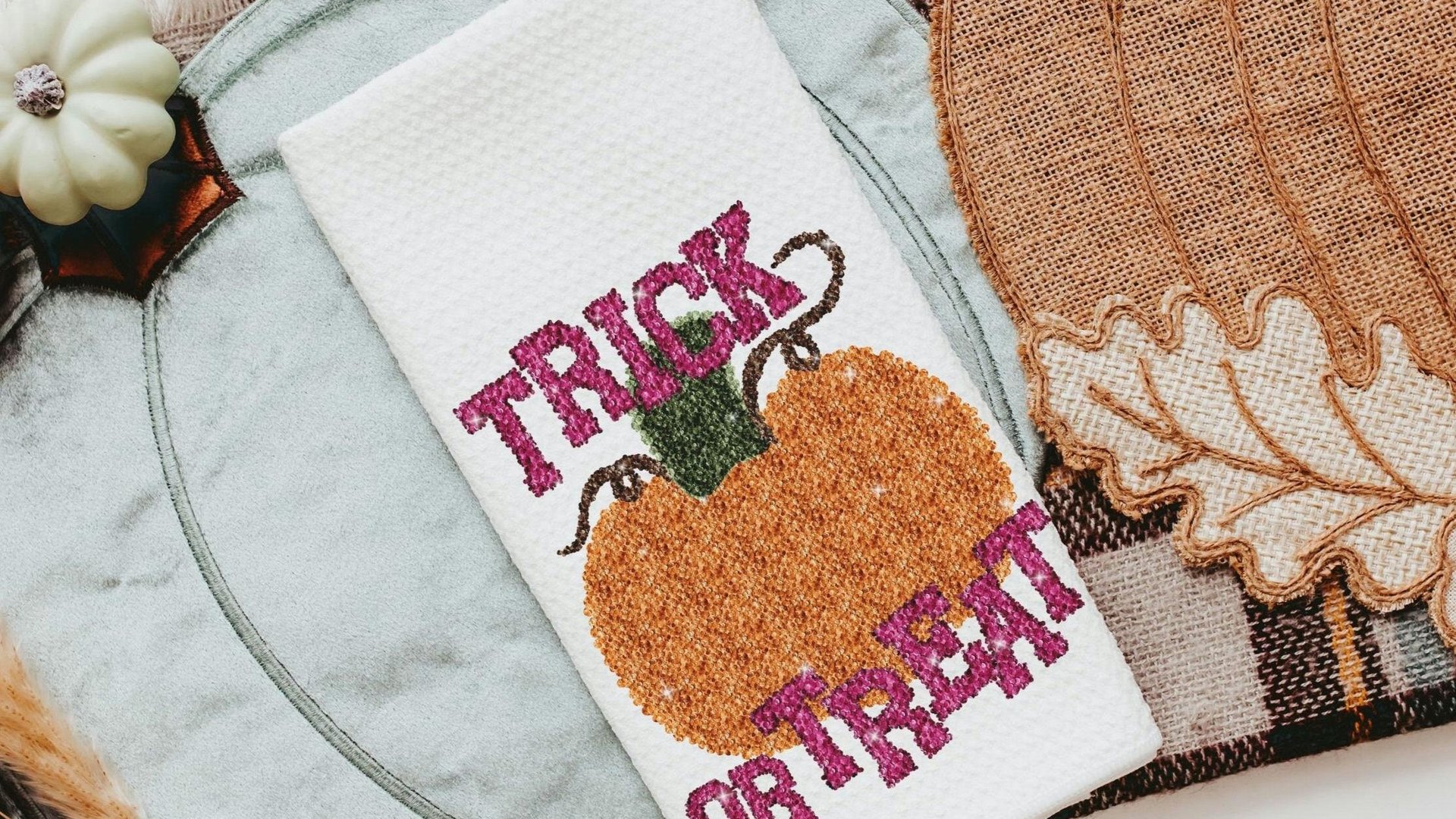 trick or treat Halloween kitchen towels for fall, boo basket stuffers for adults, cute pumpkin hand towels for bathroom, whimsical Halloween