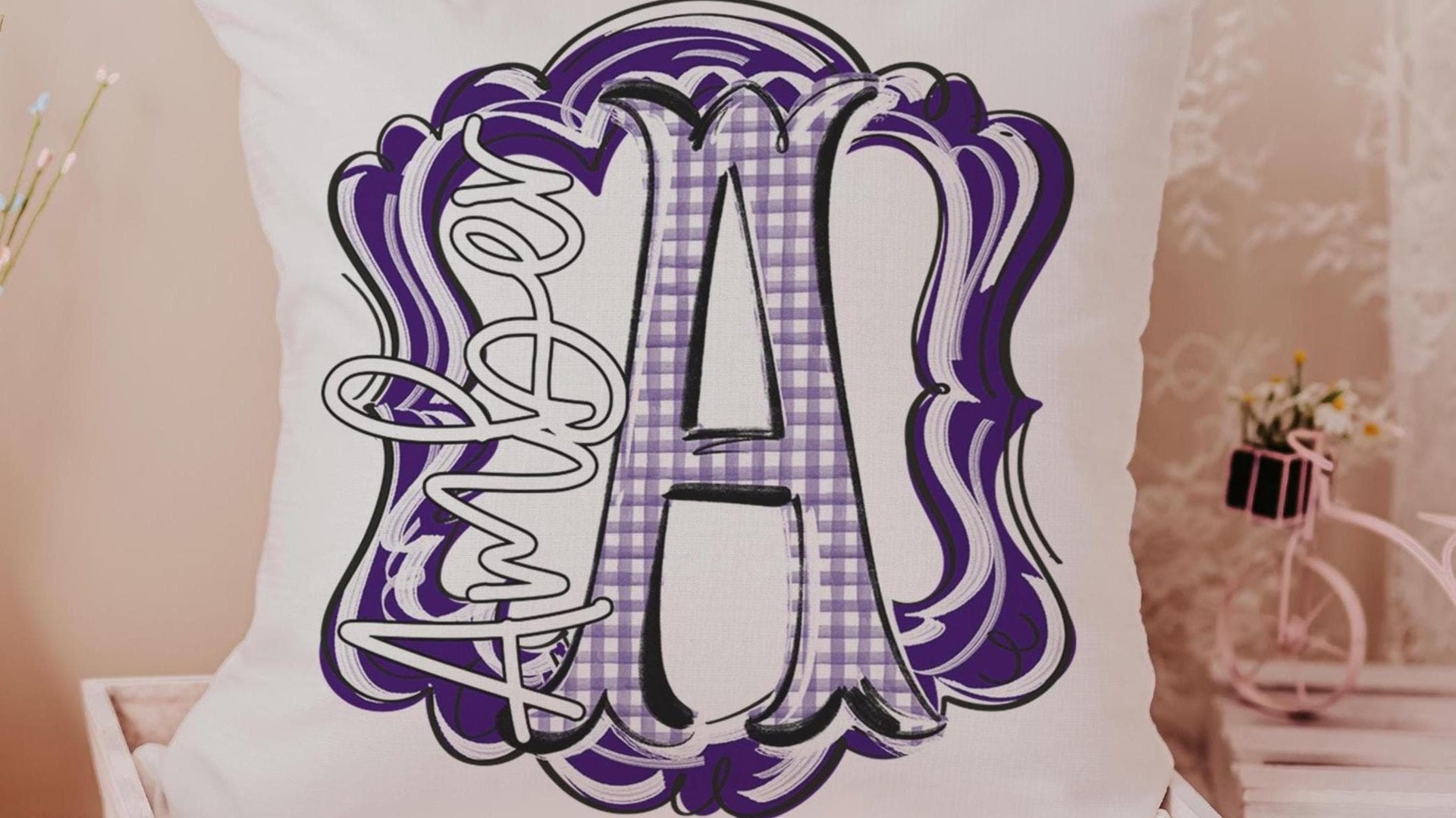 Personalized initial throw pillow for couch gold gingham decorative pillows for girls, gold home decor gift dorm decor, name pillow