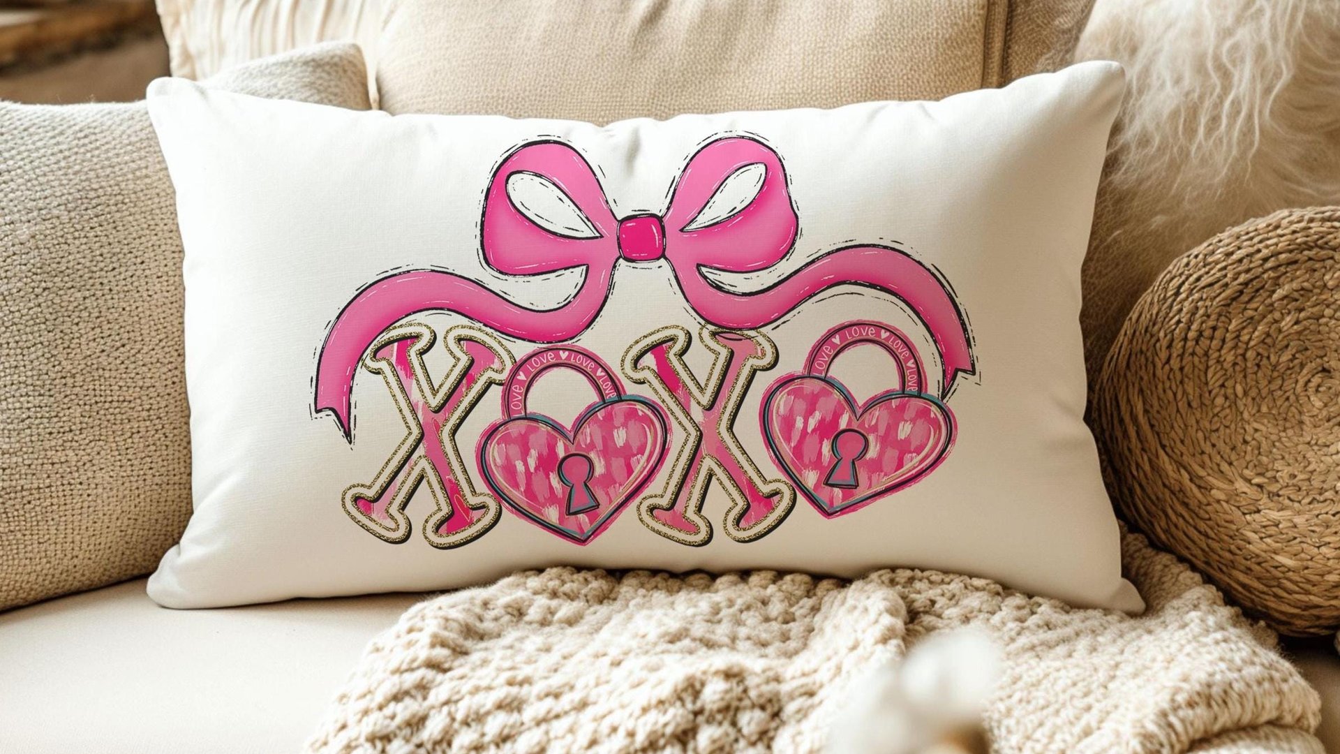 pink bow Valentines coquette lumbar throw pillows for couch, xoxo Valentines kitchen towels for bride, key to my heart decorative pillows
