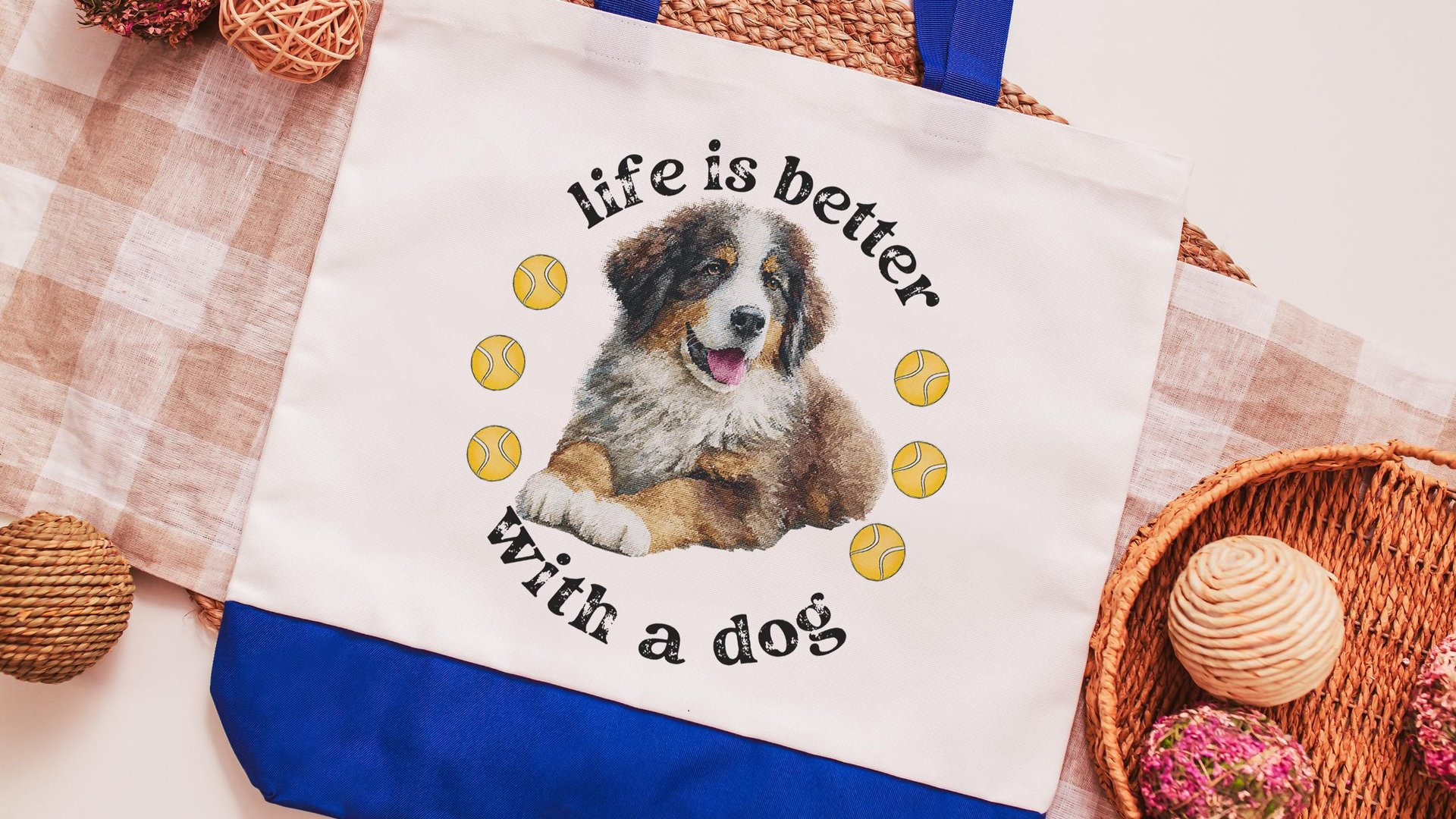 life is better with a dog bernese mountain dog tote bag for dog lover, bernese dog mom dog walking bag for women, cute dog gifts beach bag