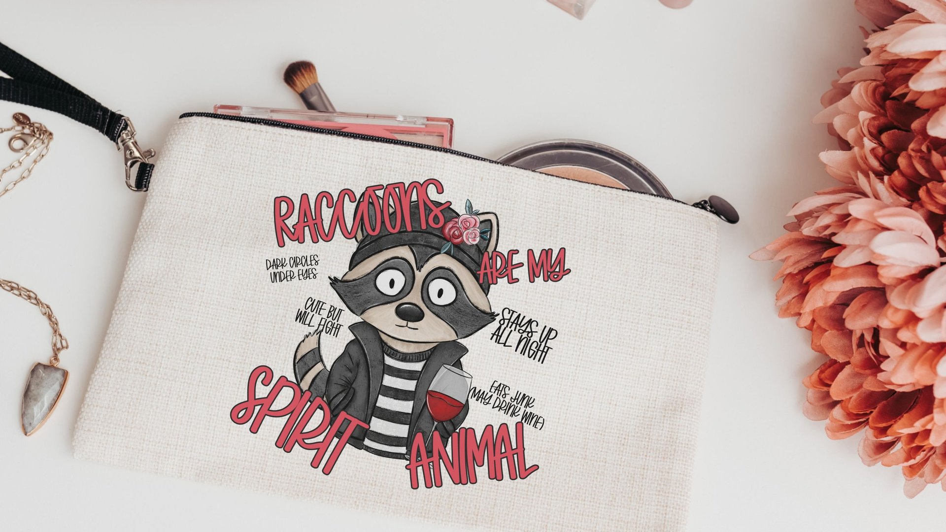 spirit animal funny raccoon makeup bag for women, sarcastic gifts for her, trash panda cosmetic bag for purse, cute but feral snarky gifts