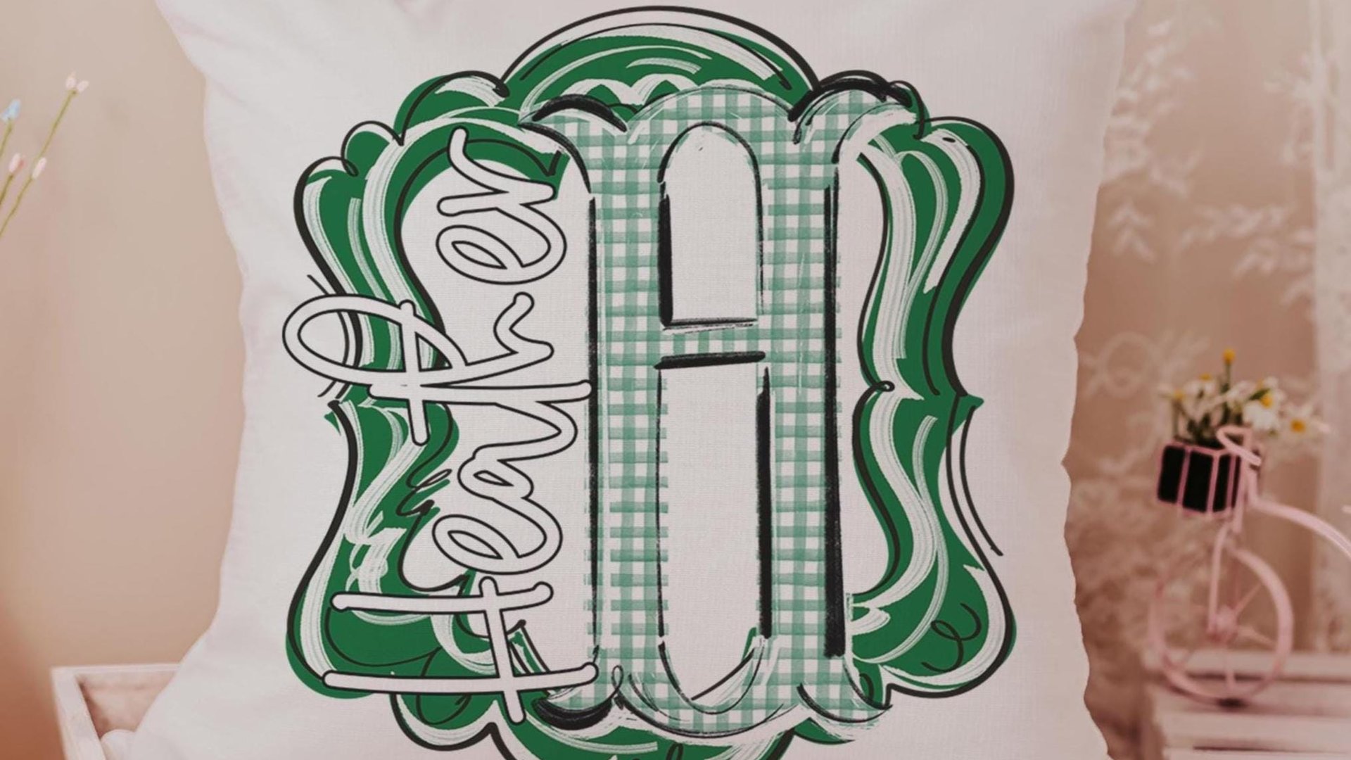 Personalized initial throw pillow for couch gold gingham decorative pillows for girls, gold home decor gift dorm decor, name pillow