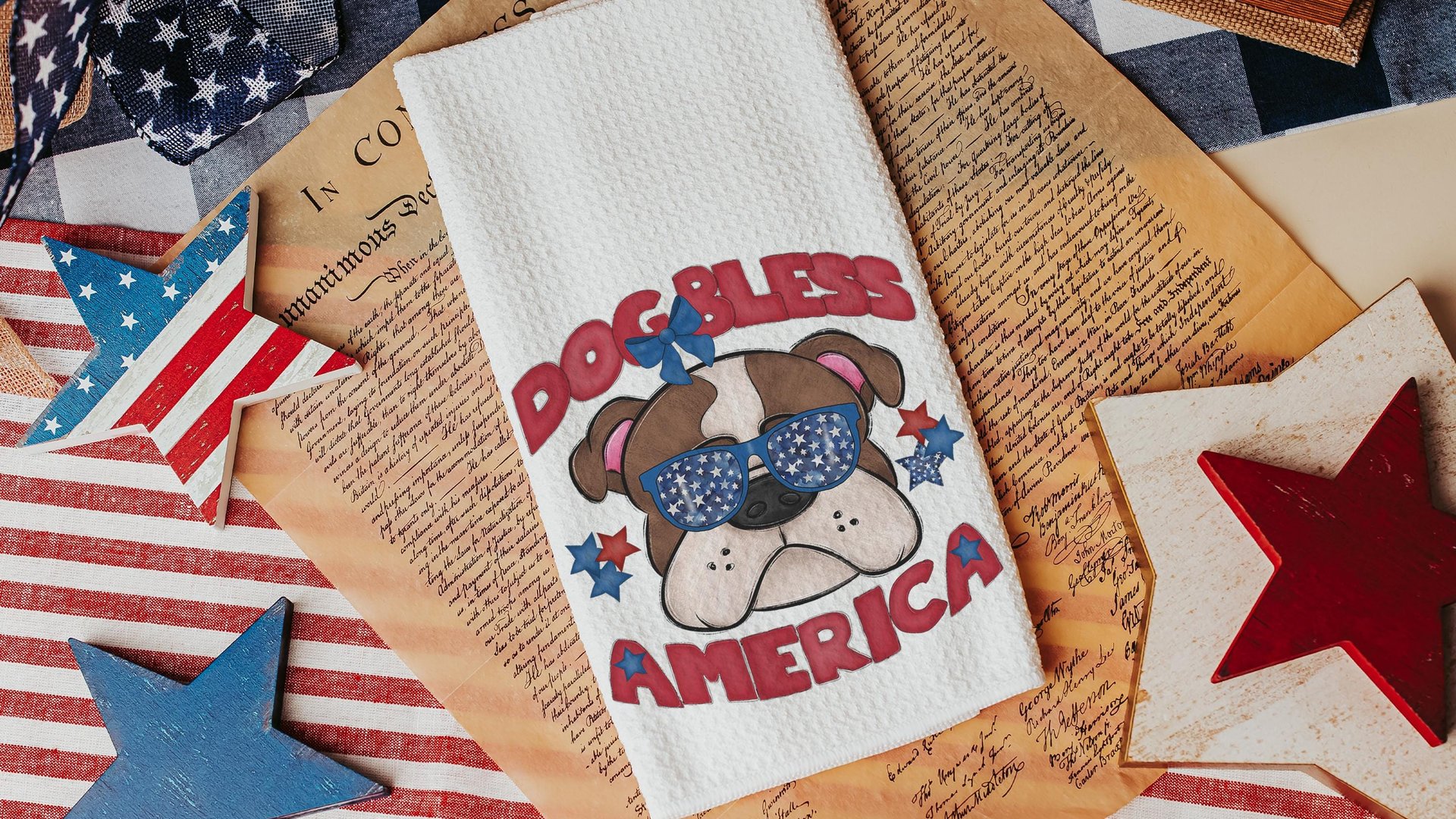 dog bless America 4th of July kitchen towel for bbq, red white and blue patriotic dog hand towel for gifting, bulldog dog gift