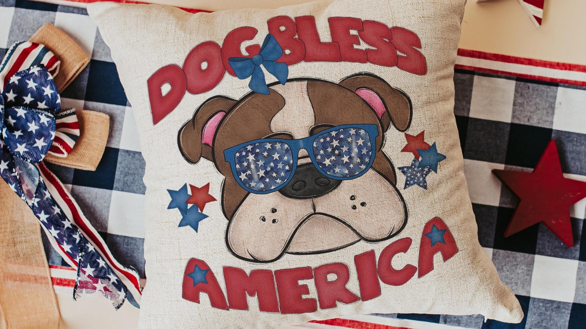 dog bless America 4th of July kitchen towel for bbq, red white and blue patriotic dog hand towel for gifting, bulldog dog gift