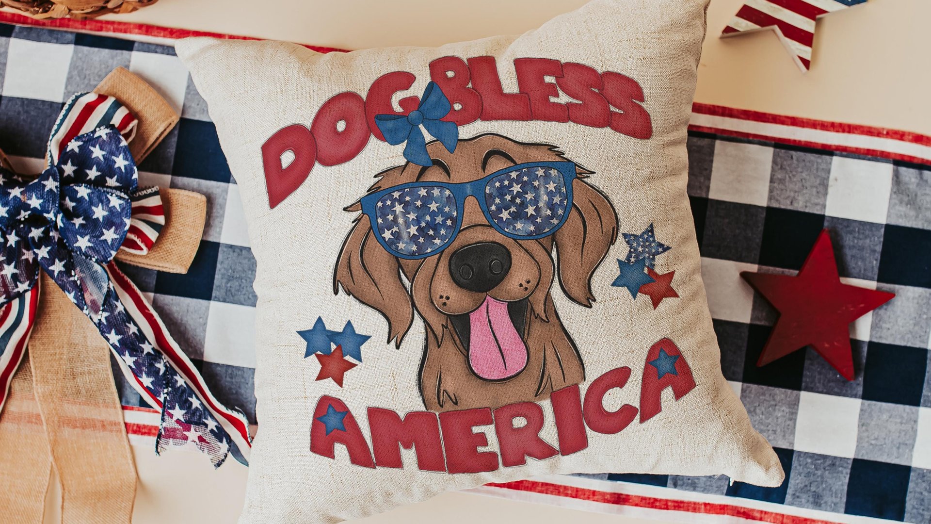 dog bless America throw pillows for couch for dog lovers, golden retriever gifts for women, patriotic dog decor for home, best gifts for her