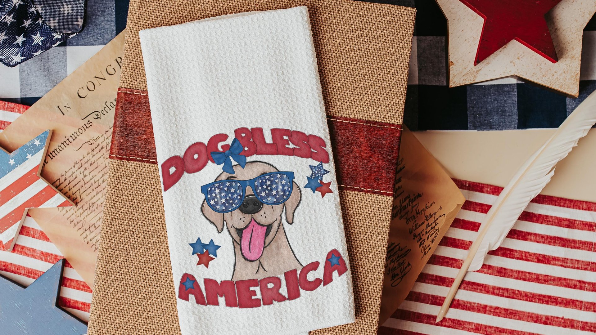 dog bless America yellow lab kitchen towels for bbq, best gifts for dog lovers, 4th of July kitchen decor, yellow labrador retriever gifts